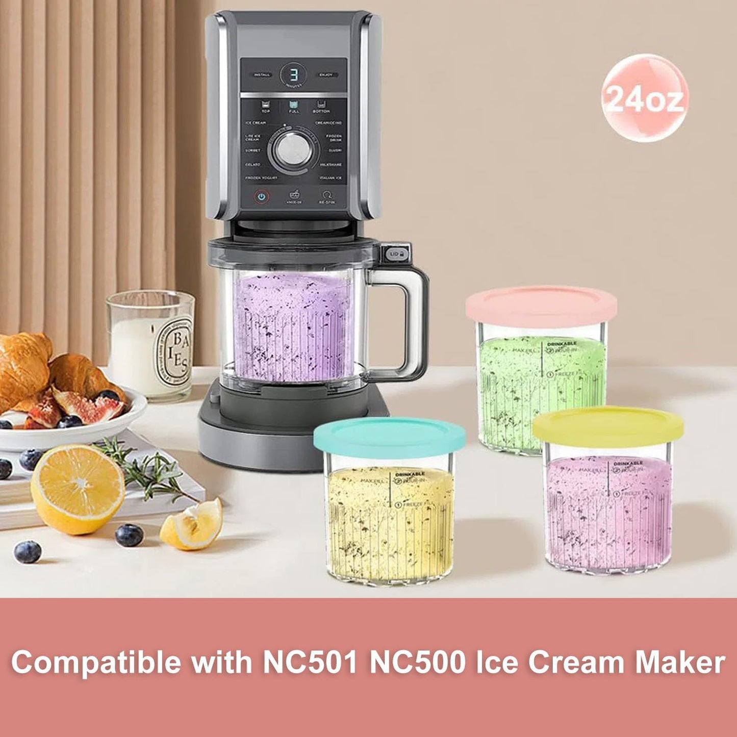 4 Pack Creami Deluxe Pints and Lids,Extra Delux Pint Containers Compatible with Ninja Creamy NC500, NC501, CN501CO Series Ice Cream Machines, 24 OZ Creami Deluxe