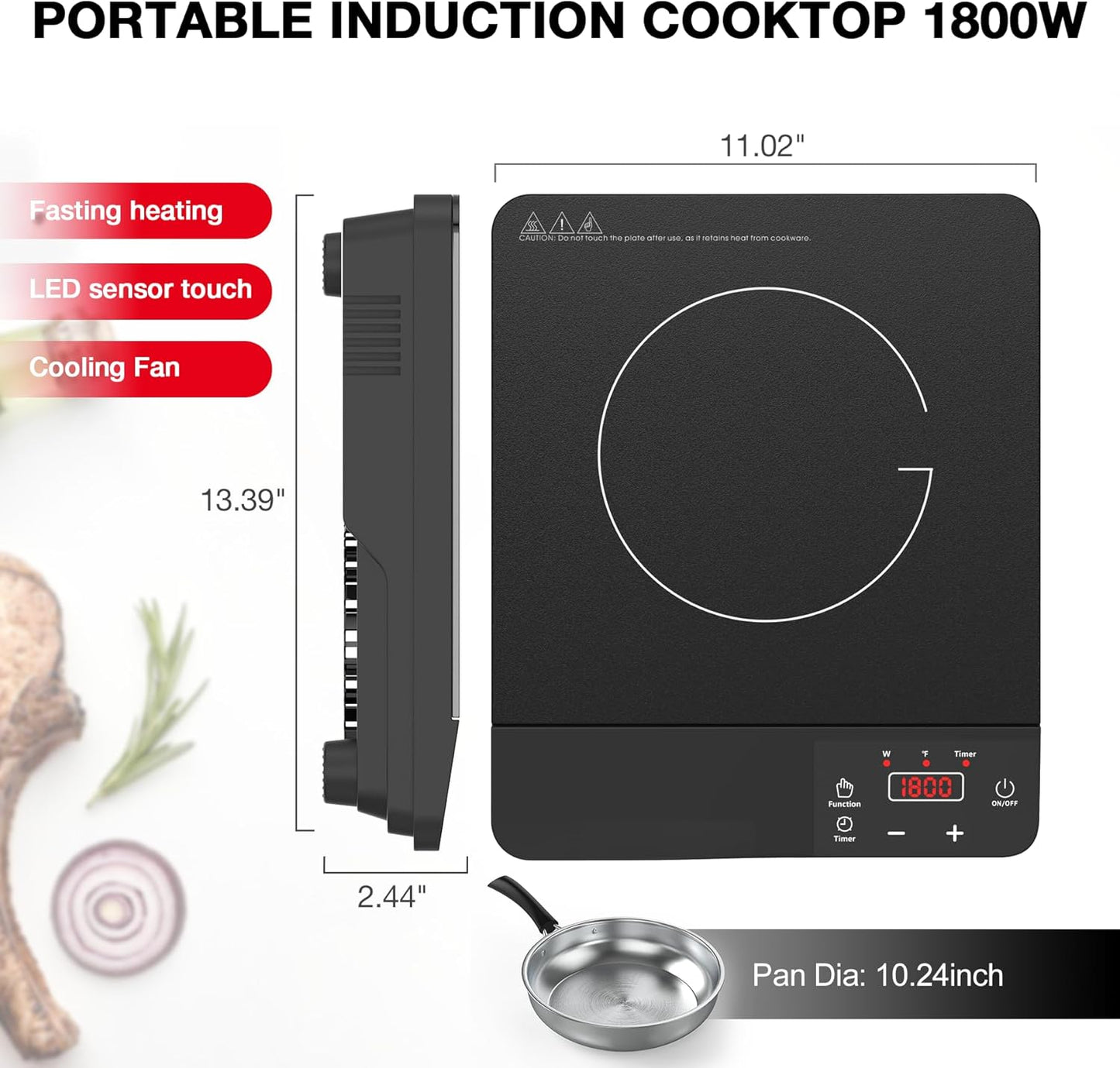 Portable Induction Cooktop 1800W,110V Single Burner Induction Burner & Fry Pan, Hot Plate Stove Electric Burner LED Touch Control & 4H Timer, 8 Power 8 Temperature Setting for Cooking
