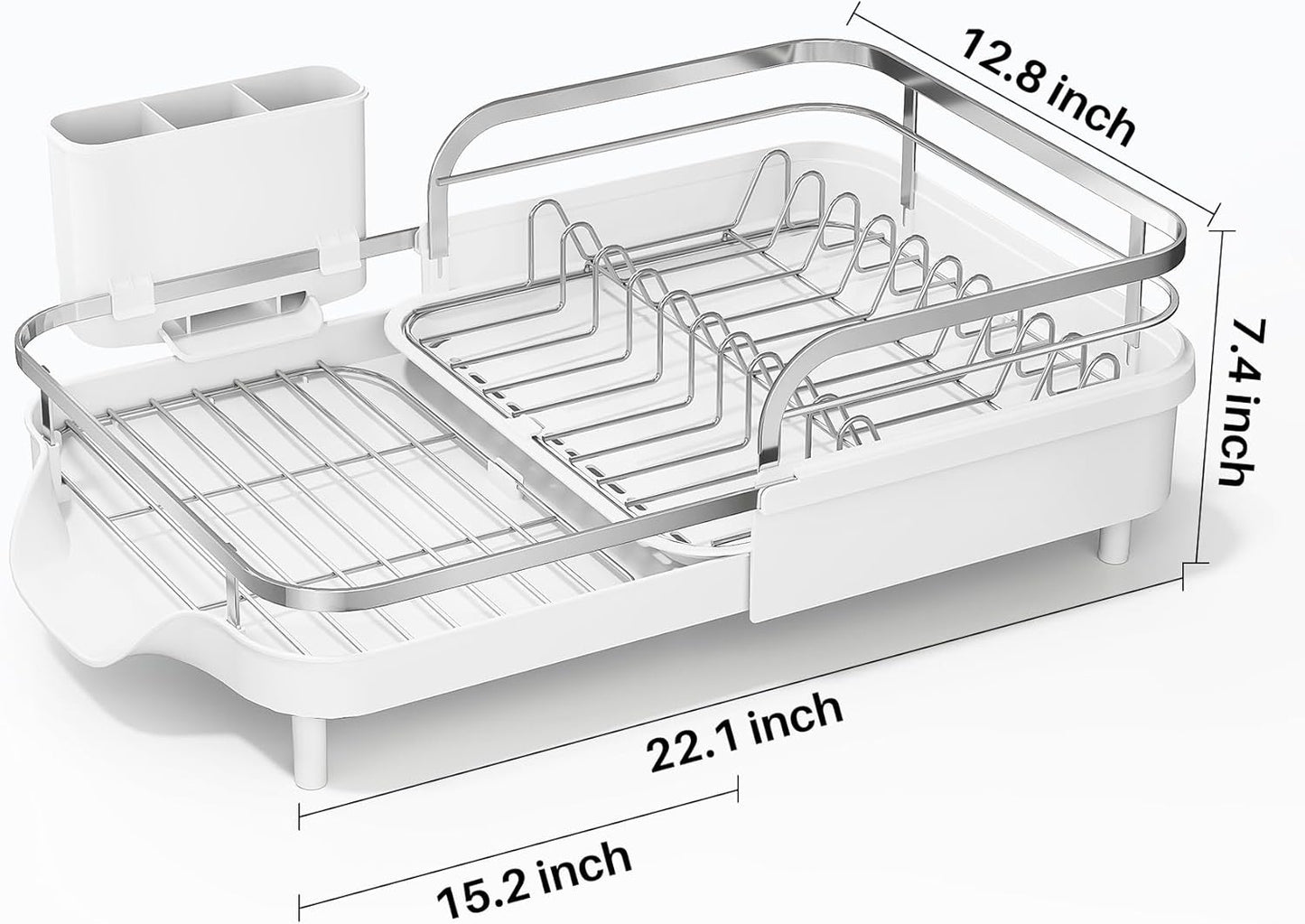 SAYZH Dish Drying Rack - Expandable Dish Rack for Kitchen Counter, Rust-Resistant Dish Drainer with Utensil Holder and Raised Guardrail, Kitchen Organizer for Cup and Bottle (White)