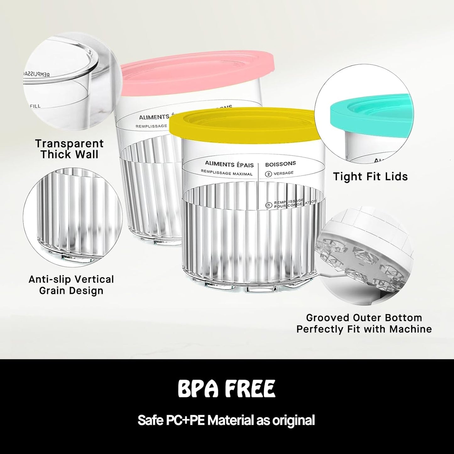 Pints Compatible with Ninja Creami NC500 Series Creami Deluxe Ice Cream Makers, BPA-Free & Dishwasher Safe, Color Lids, 2 Pack, 24OZ Family Ice Cream Storage Containers Clear/Coral/Yellow