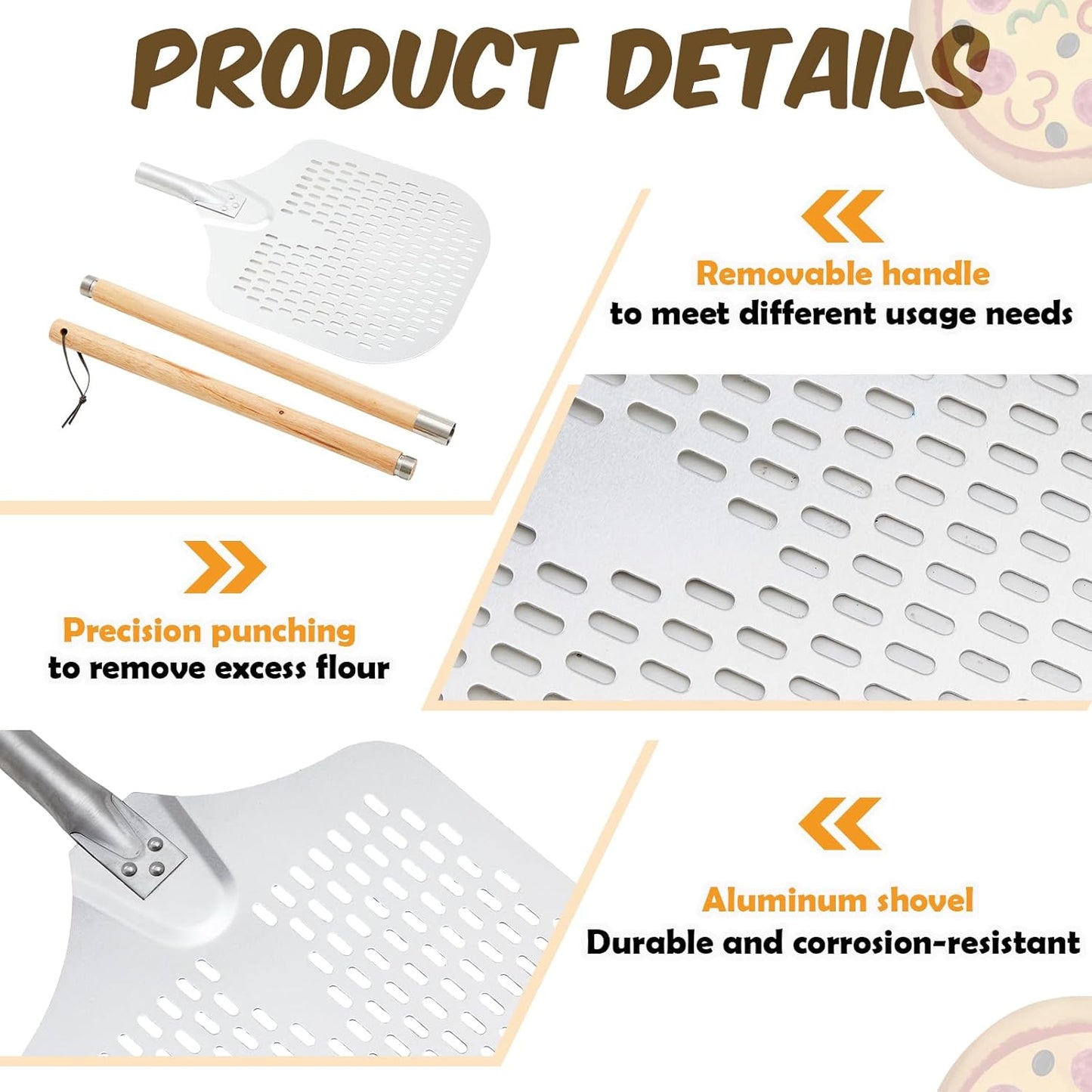 Maxdot 2 Pcs Perforated Pizza Peel 12 x 14 Inch Aluminum Pizza Spatula with Detachable Wood 52-inch Long Extendable Handle for Baking Homemade Pie Bread