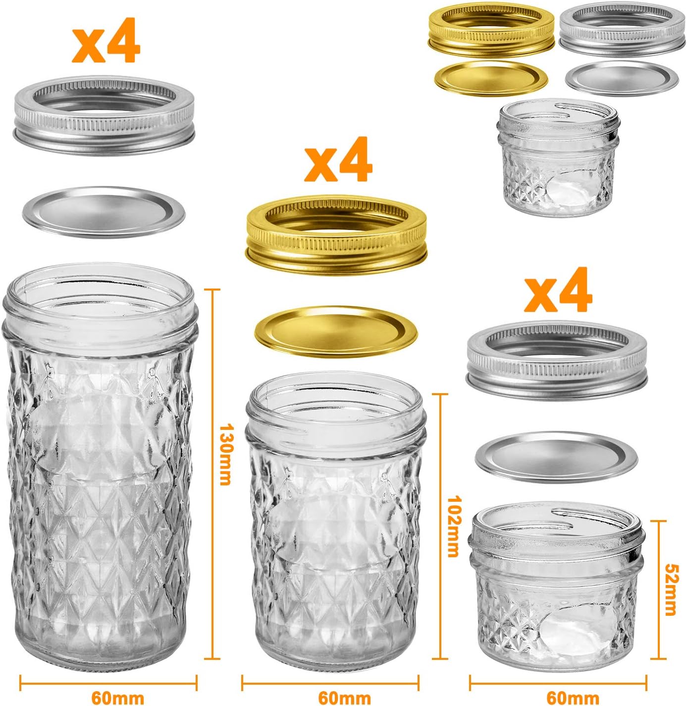 12 Pack Glass Mason Canning Jars With Regular Lids, Ideal for Jam, Jelly, Honey, Wedding Favors, Shower Favors, Baby Foods, DIY - 4 OZ x 4, 8 OZ x 4, 12 OZ x 4