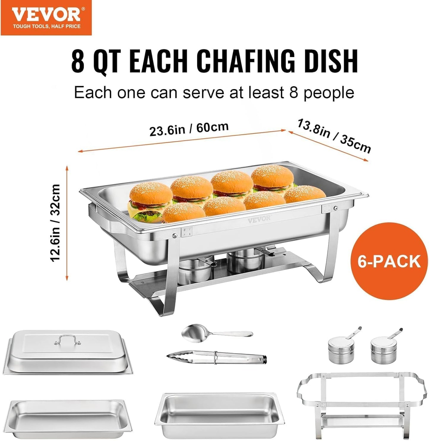 VEVOR Chafing Dish Buffet Set, 8 Qt 2 Pack, Stainless Steel Chafer with 2 Full Size Pans, Rectangle Catering Warmer Server with Glass Lid Water Pan Folding Stand Fuel Holder, for Wedding Party Banquet