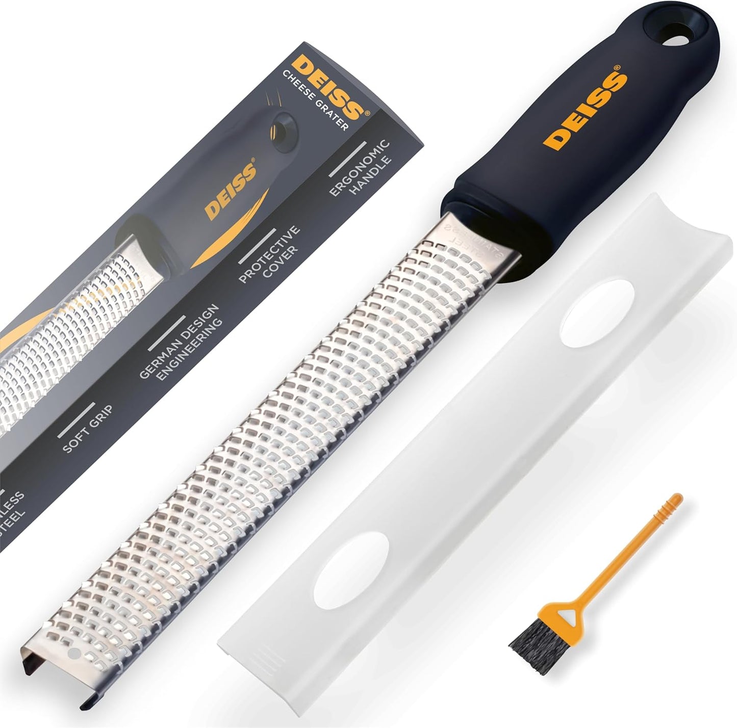 Deiss PRO Citrus Zester & Cheese Grater - Parmesan Cheese Lemon, Ginger, Garlic, Nutmeg, Chocolate, Vegetables, Fruits - Razor-Sharp Stainless Steel Blade, Wide, Dishwasher Safe (BLACK)