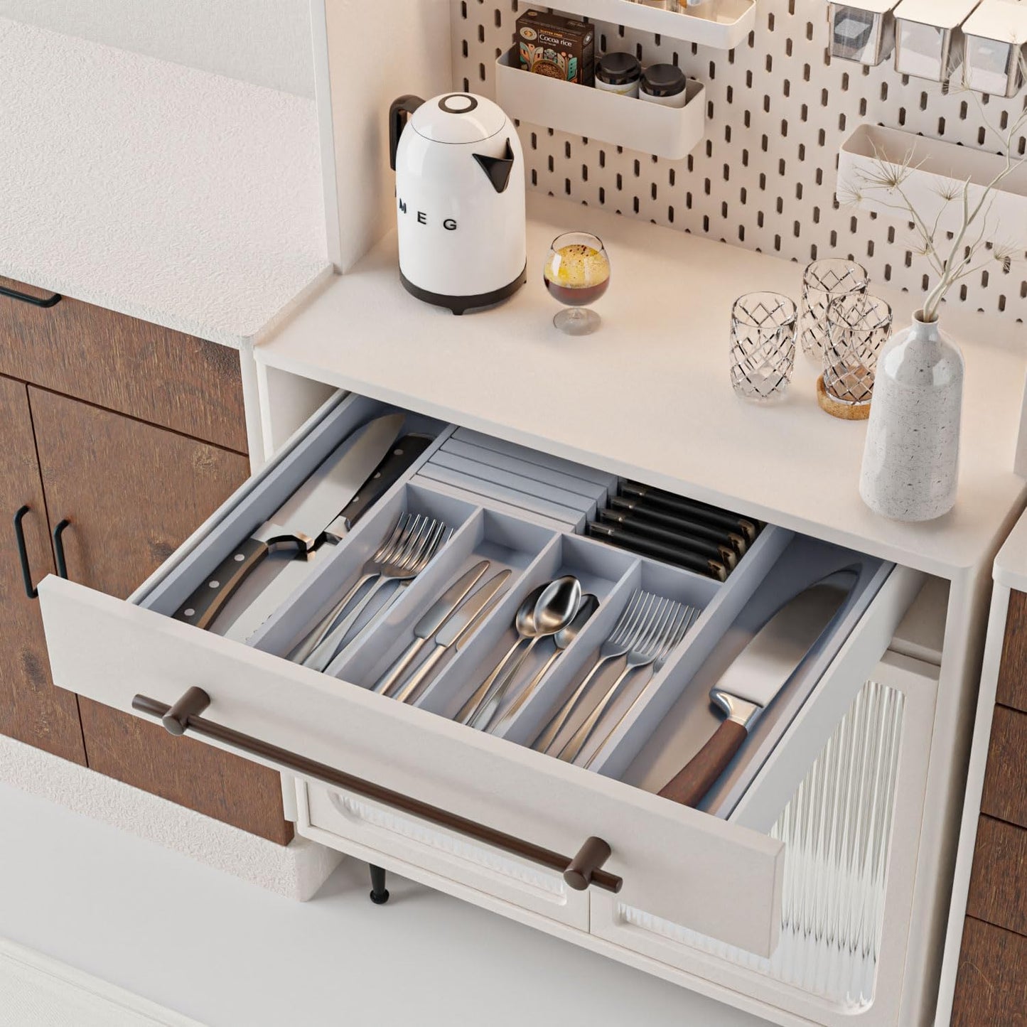 Large Utensil Drawer Organizer with Divider - Removable Kitchen Knife Holder Bamboo Adjustable Flatware Organizer for Drawer W12.8-20.2" x L16 x H2 (Grey)