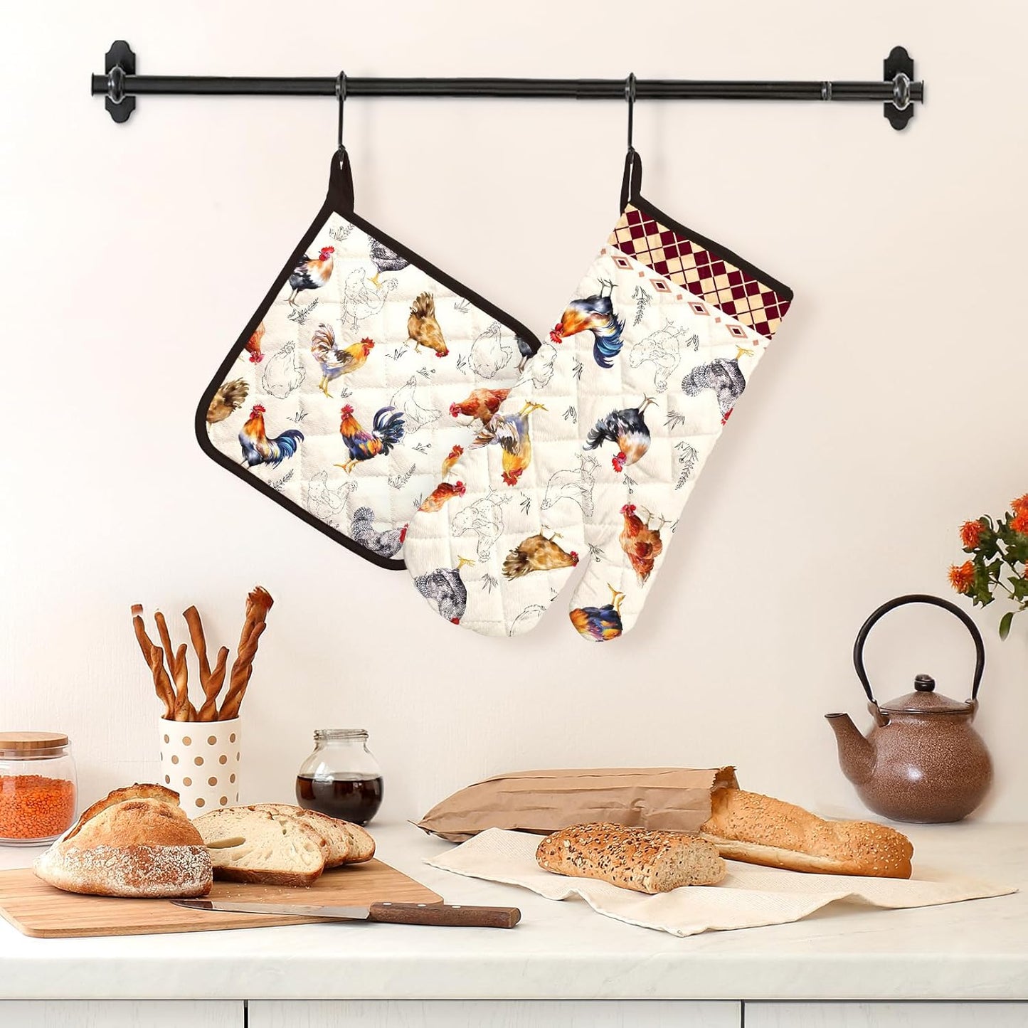 Roosters Oven Mitts and Pot Holders Sets 2Pcs, 100% Cotton Heat Resistant, Extra Long Oven Gloves Potholder for Kitchen Cooking Baking Decoration