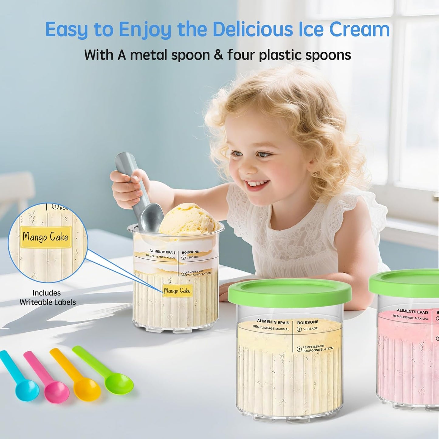 GuanQiao 4 Pack Creami Deluxe Pints & Lids for Ninja, 24 Oz Compatible with NC500 NC501 Series Ice Cream Makers, with 4 Spoons & 64 Writable Labels, BPA-Free & Dishwasher Safe, Green