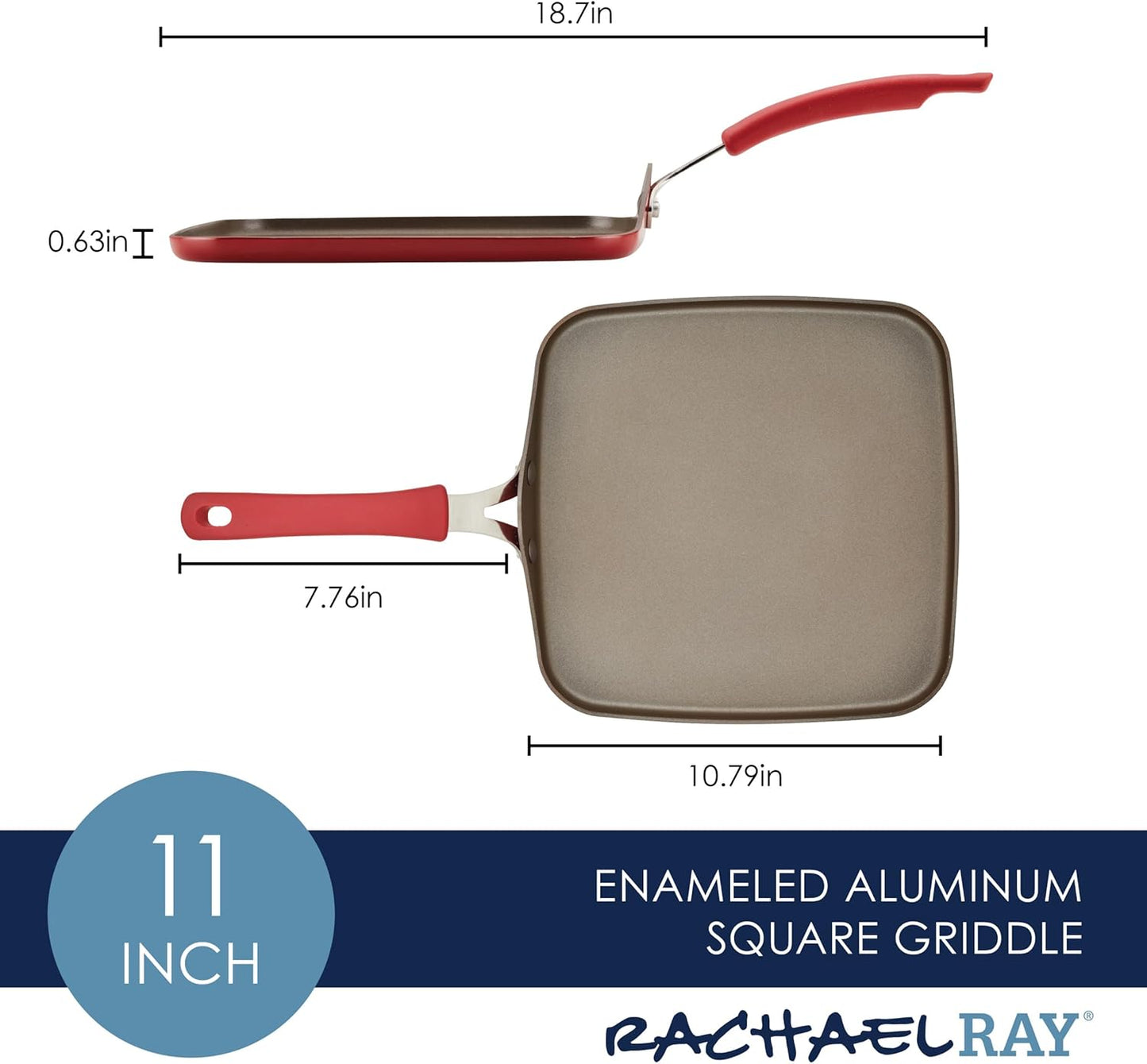 Rachael Ray Cook + Create Nonstick Stovetop Griddle/Grill Pan, Square, 11 Inch, Red