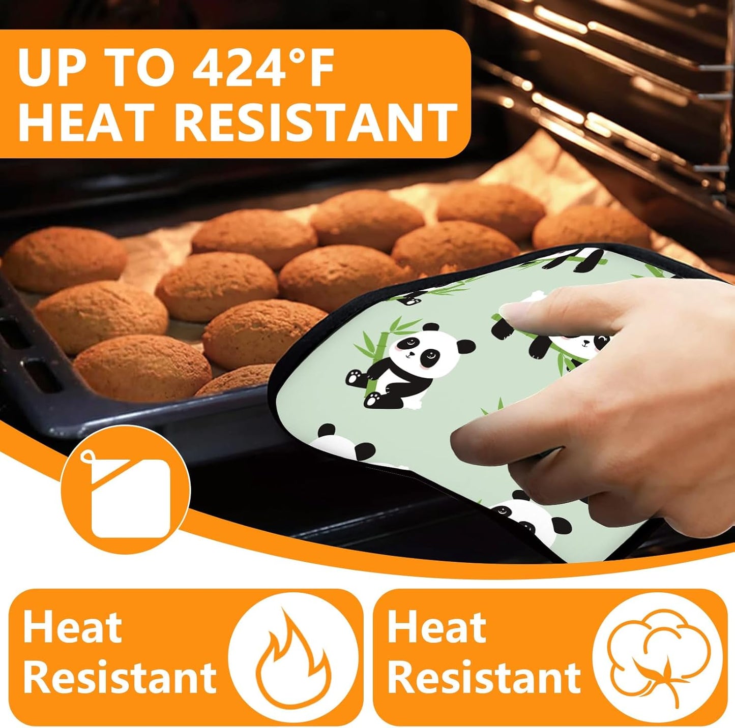 Cute Panda Oven Mitts and Pot Holders Sets 4Pcs,Extra Long Oven Gloves Potholder for Kitchen Cooking Baking BBQ 100% Cotton Heat Resistant
