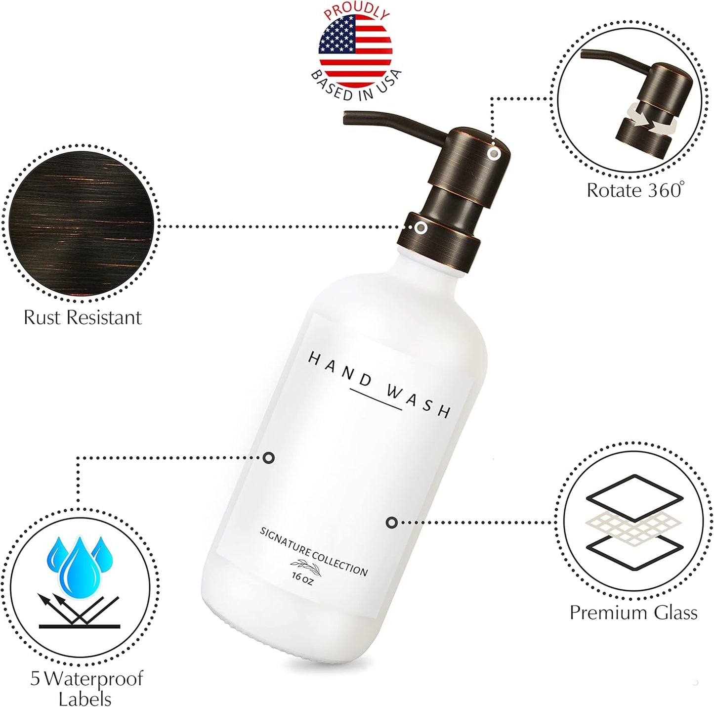 Emerson Soap Dispenser, Dish Soap Dispenser for Kitchen, Soap Dispenser Bathroom Set - Hand Soap Dispenser, Kitchen Soap Dispenser Set, Glass Soap Dispenser with Pump and Labels - 16 Oz | 2 Pack