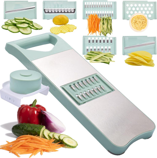 6-Blade Mandoline Slicer with Slide-On Hand Guard - Vegetable Slicer, Potato/Onion/Garlic Slicer, Kitchen Grater(Multi-Color) (Seafoam green, 6-in-1)