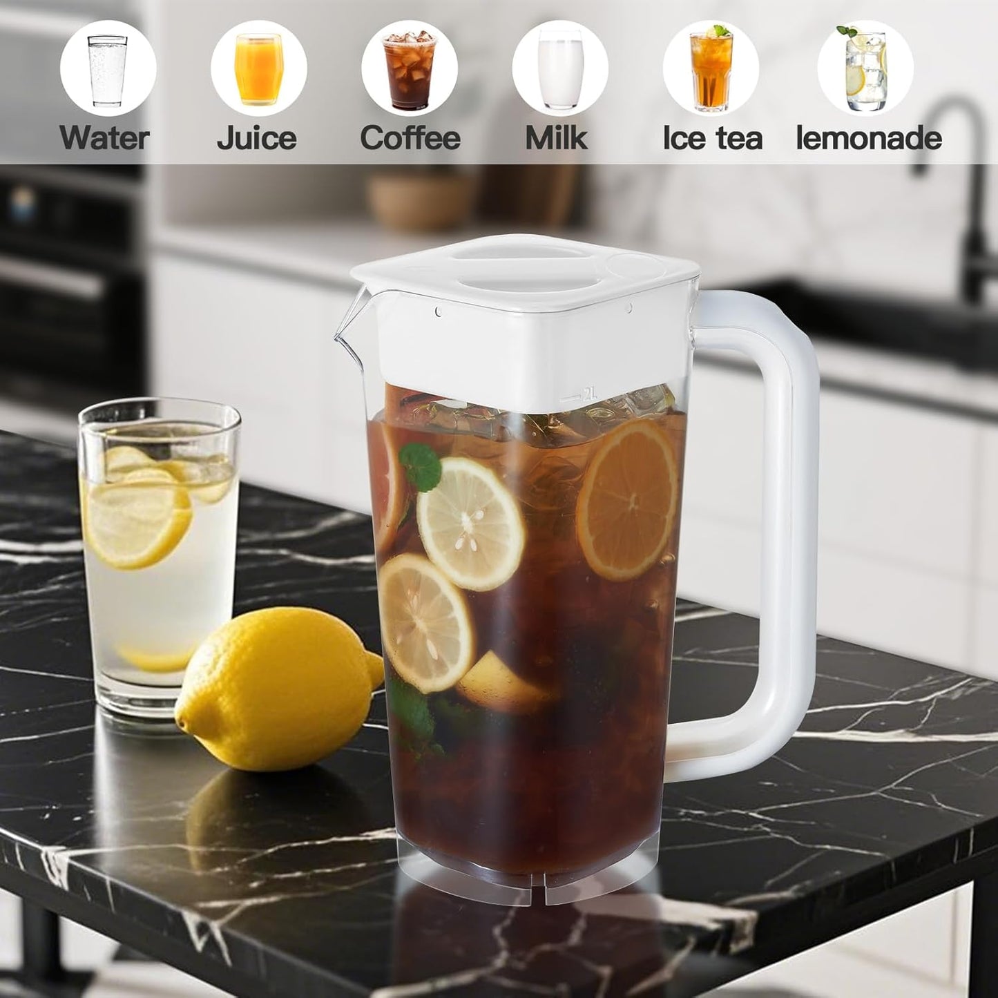 CURTA 2 Pack Plastic Pitcher with Lid, 2L Heavy-Duty Shatterproof Pitchers Clear Water Pitcher with Handle for Lemonade, Coffee,Iced Tea, Milk, Juice, Beverages