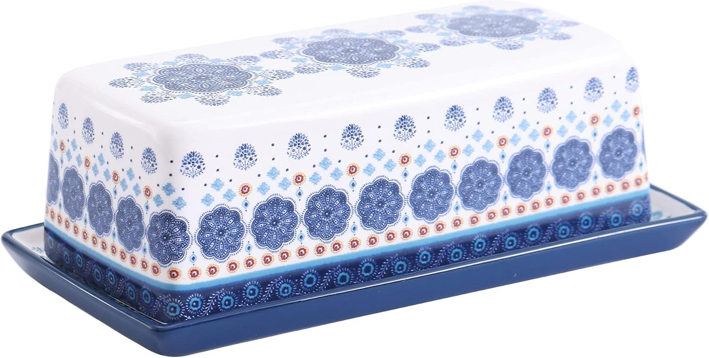 Bico Blue Talavera Ceramic Butter Dish with Lid, Wide Butter Keeper for Counter, Kitchen Countertop, Microwave and Dishwasher Safe