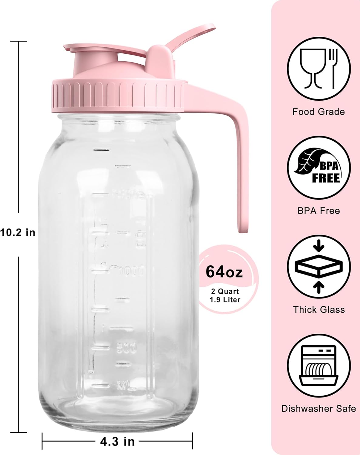 64oz Glass Mason Jar Pitcher with Lid and Spout, 2 Quart Airtight Glass Water Jug, Leakproof Wide Mouth Mason Jar Pitcher for Iced Sun Tea, Milk Storage, Cold Brew Coffee, Juice, Pink