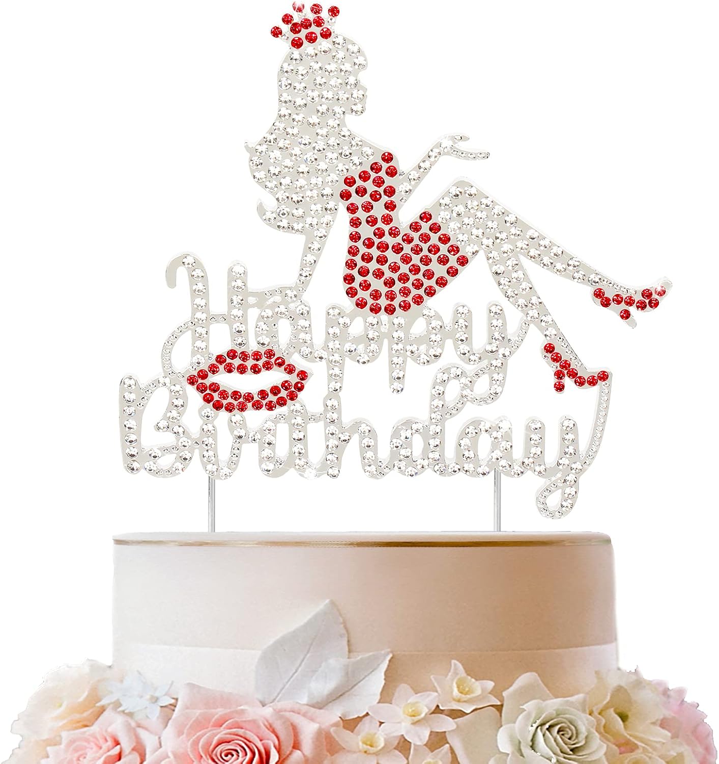 LINGTEER Happy Birthday Crown Queen Lady Rhinestone Cake Topper - Cheers to Makeup Spa Birthday Party Cake Centerpieces Decorations Gift Sign - Red.
