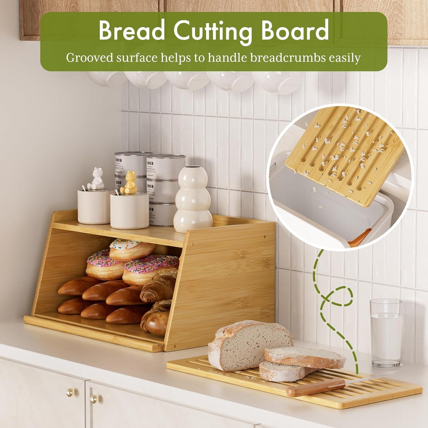 Bamboo Bread Box with Cutting Board for Kitchen Countertop – Large Capacity Bread Storage Container for Kitchen, Multi-Use Organizer for Bread, Fruits, Baked Goods