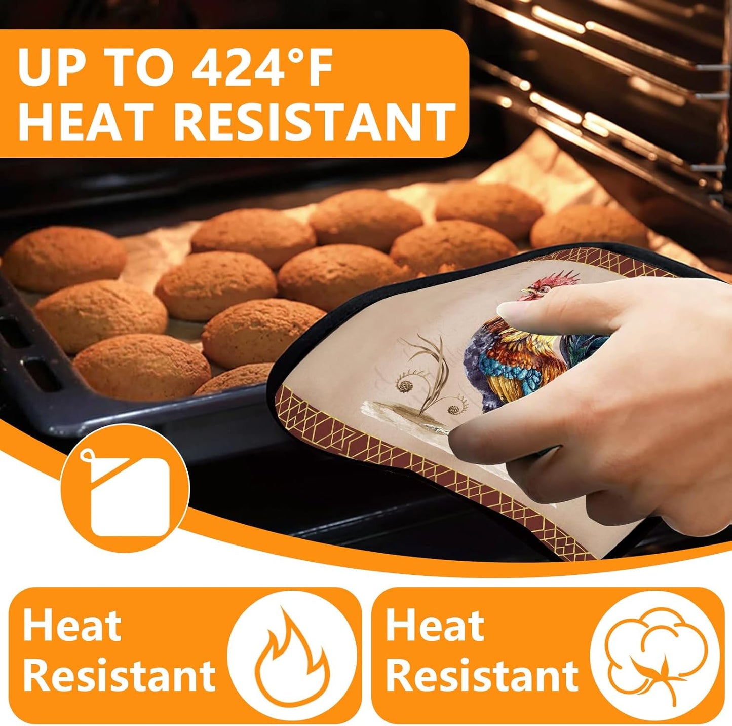 Rooster Oven Mitts and Pot Holders Sets 4Pcs,Extra Long Oven Gloves Potholder for Kitchen Cooking Baking BBQ 100% Cotton Heat Resistant