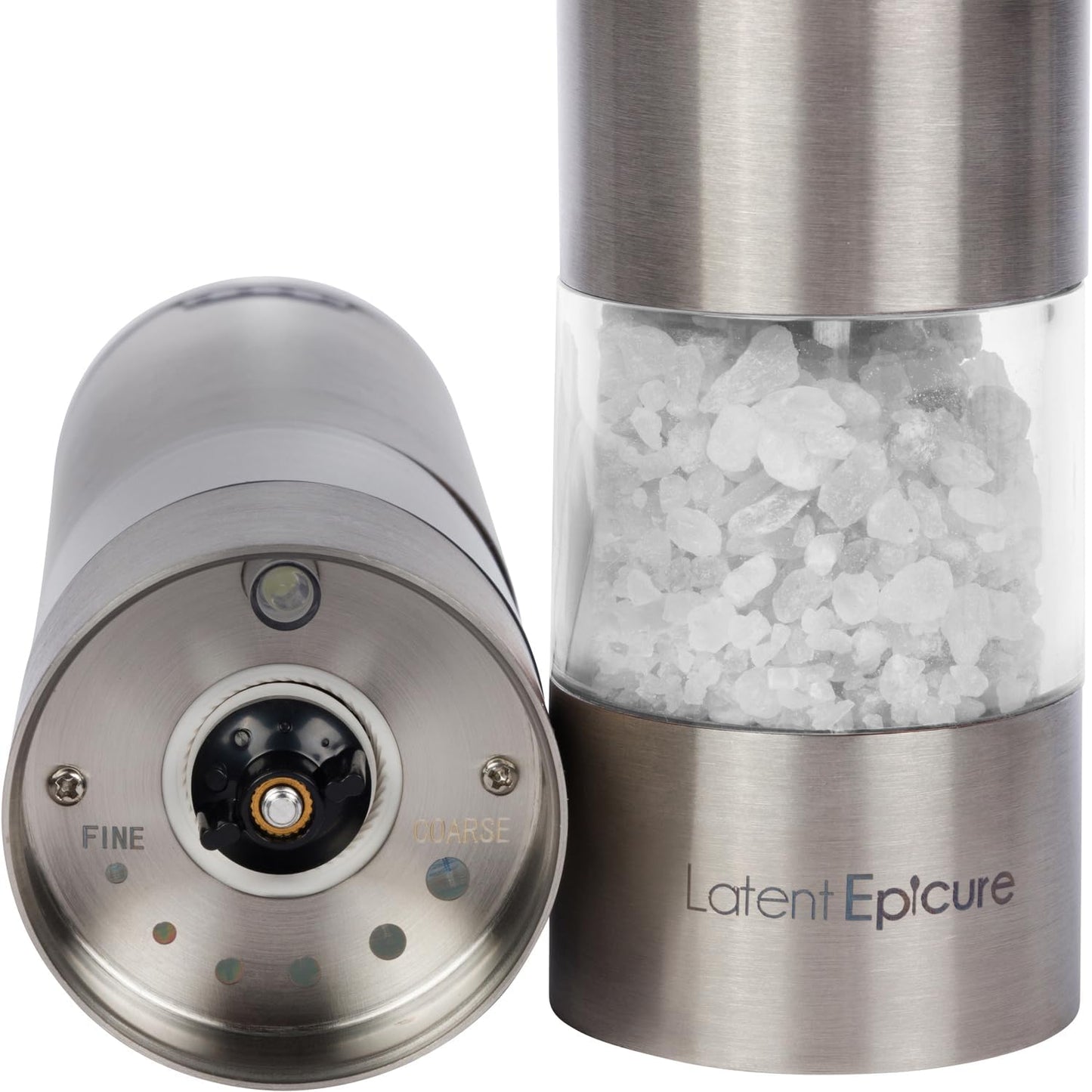 Electric Salt and Pepper Grinder Set (pack of 2) - Rechargeable USB-C - Stainless Steel Mills with LED Light Adjustable Ceramic Grinders & Complimentary Acrylic Mill Rest