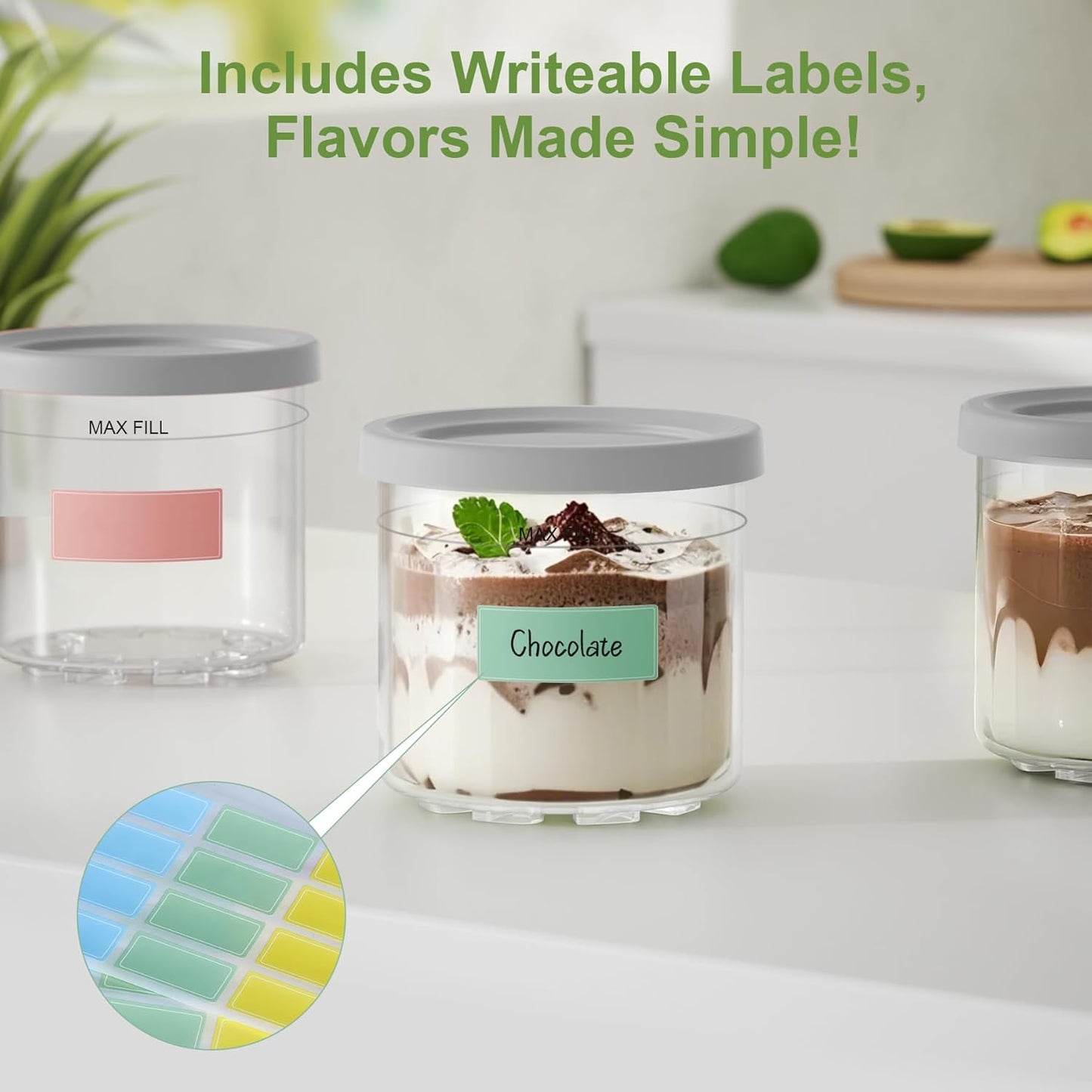 4 Pack Creami Pint Containers and Lids for Ninja with 4 spoons and writable labels, Compatible with Ninja NC299 NC300 NC301 Series Creami Maker Machine Accessories, BPA Free & Dishwasher Safe, Grey