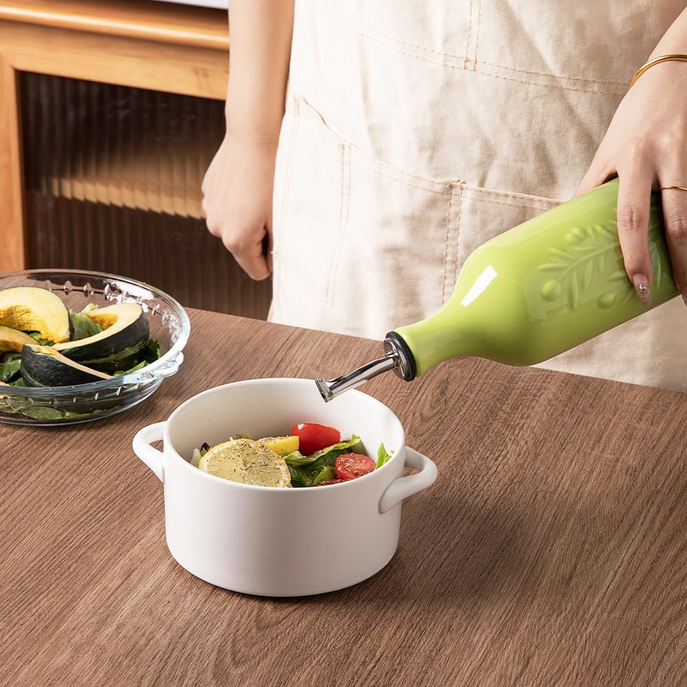 Sweejar Large Olive Oil Dispenser Bottle with Spout, 24 Oz Ceramic Oil Dispenser for Kitchen, Relief Opaque Oil Cruet, Oil Container for Cooking, EVOO, Avocado Oil, Vinegar, Pack of 1(Gradient Green)