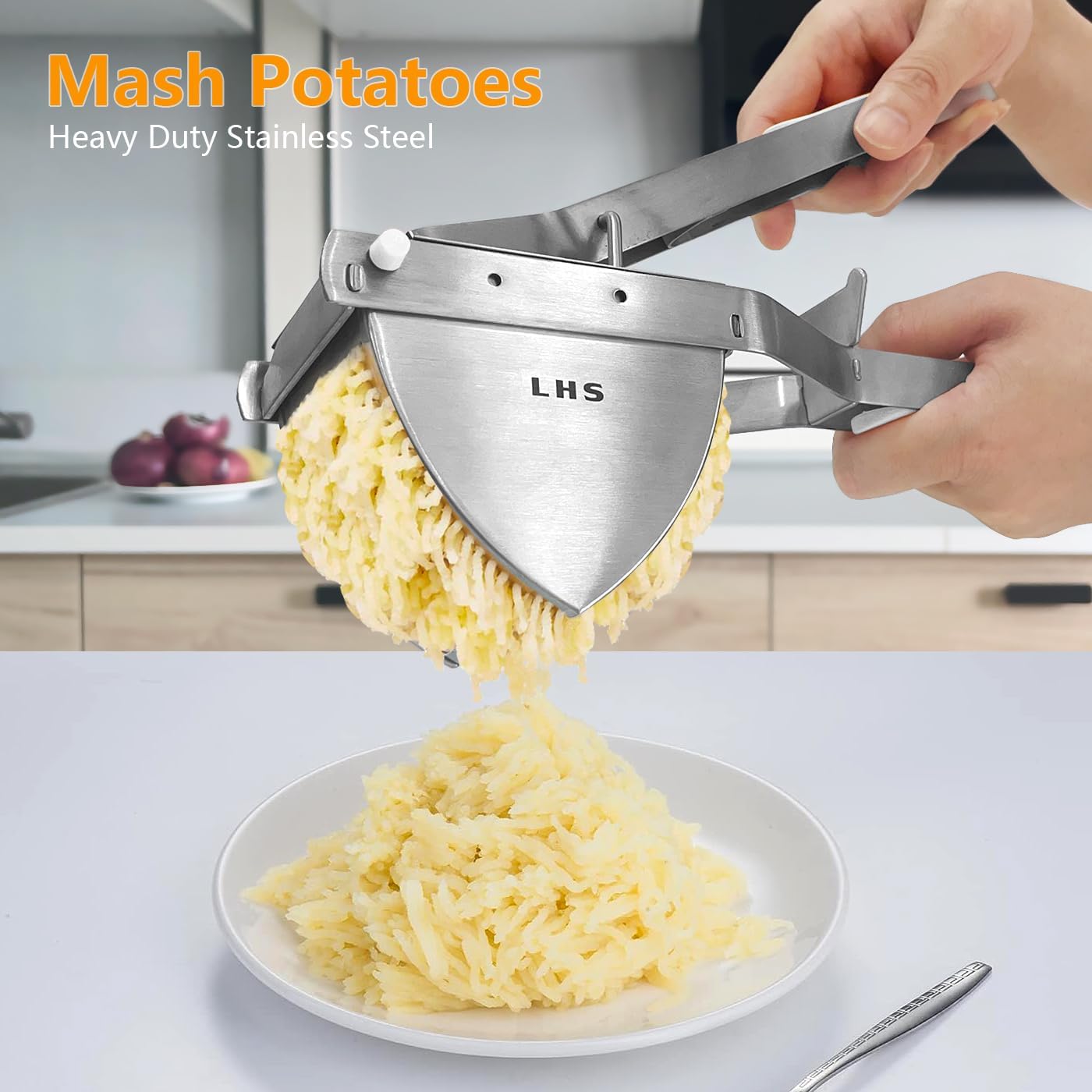 LHS Stainless Steel Potato Ricer and Masher, Heavy Duty Commercial Food Masher, Ergonomic Comfort Grip, Extra Large Capacity, Dishwasher Safe (White)