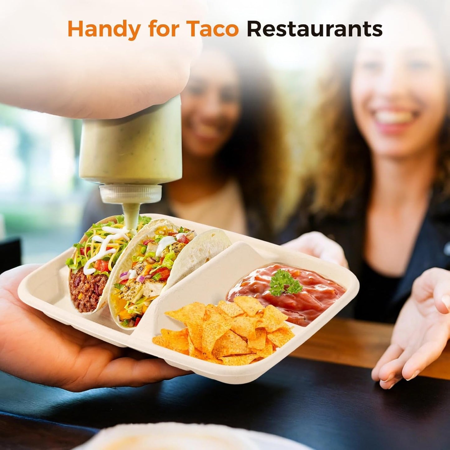 100 PCS Taco Plates Disposable, Bagasse Pulp 2-Slot Taco holder with Side Compartments, Safe Plant Fiber Tray for Taco Tuesday, Party, Sandwich, Hot Dog, Sauce & Snack Serving (With Compartments)