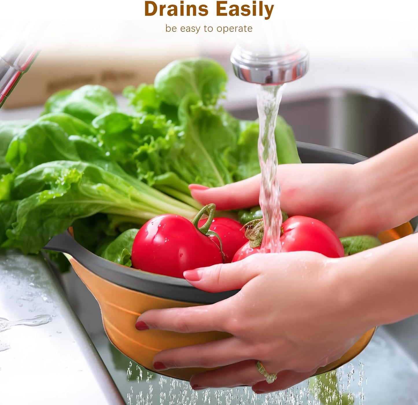 Collapsible Colander Set of 2 Silicone Kitchen Strainer Set, Perfect for Draining Pasta, Vegetable and fruit for Kitchen and Travel Use (Orange)