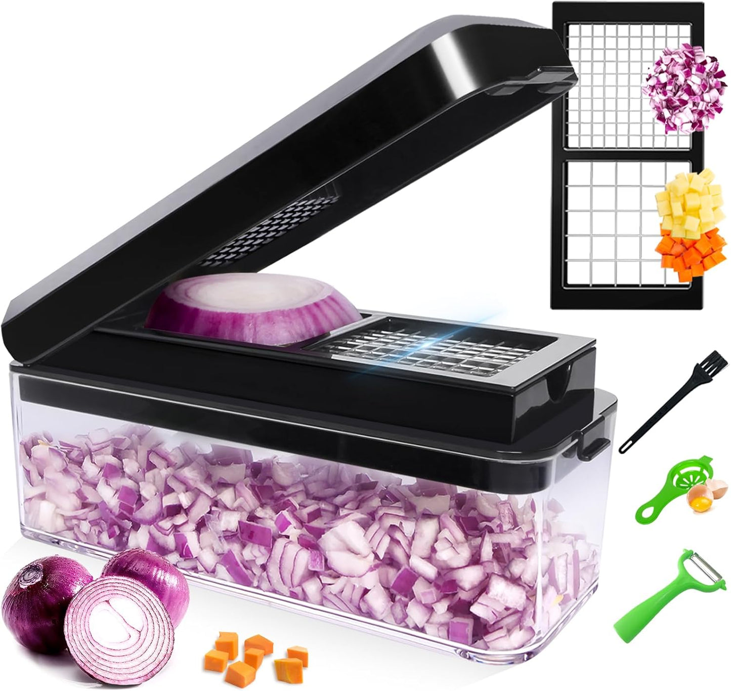 Vegetable Chopper, Onion Chopper Dicer, Mandoline Slicer, Food Chopper with Container, Vegetable Cutter for Salad Potato Carrot Garlic（2 Blades, Black）