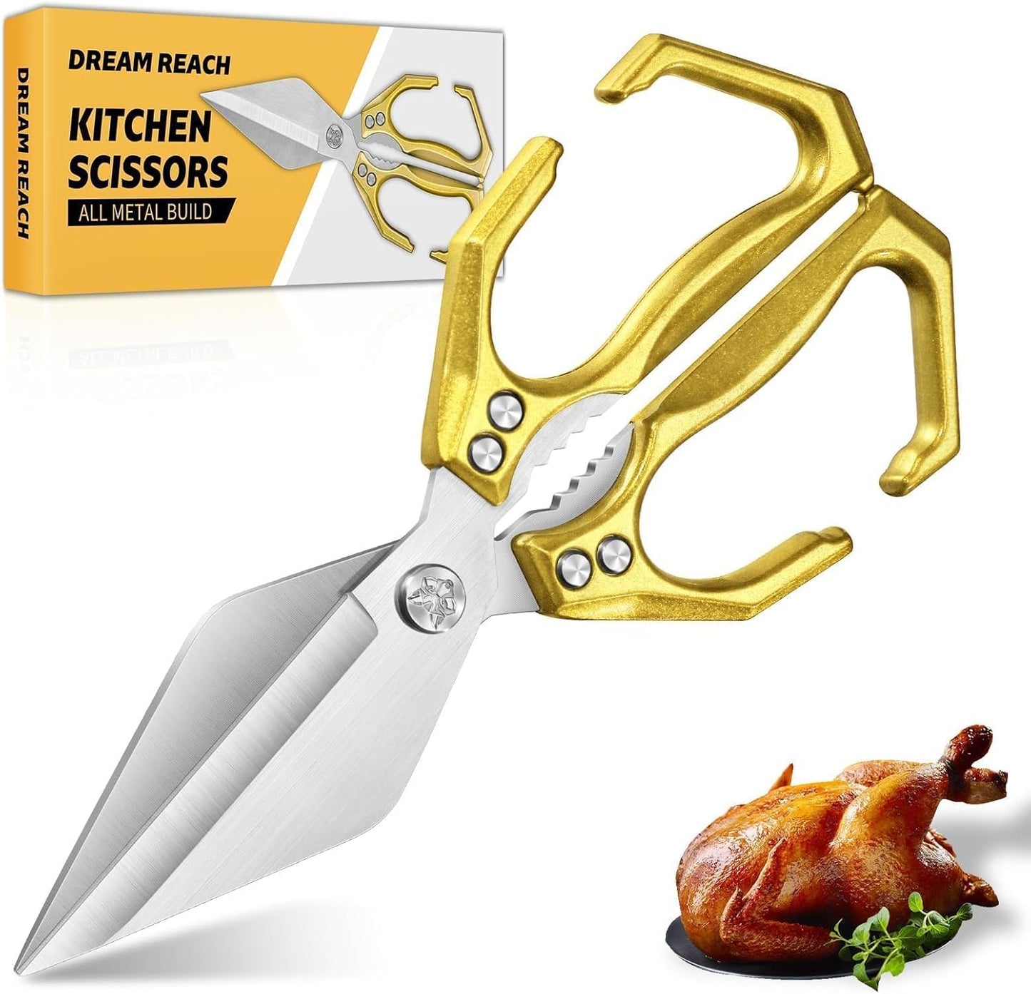 Dream Reach Heavy Duty Poultry Shears Kitchen Scissors for Food with Ergonomic Handle, Japanese High-Carbon Steel Cooking Scissors for Kitchen, Chicken, Meat, Seafood, Bone Cutting (Gold)
