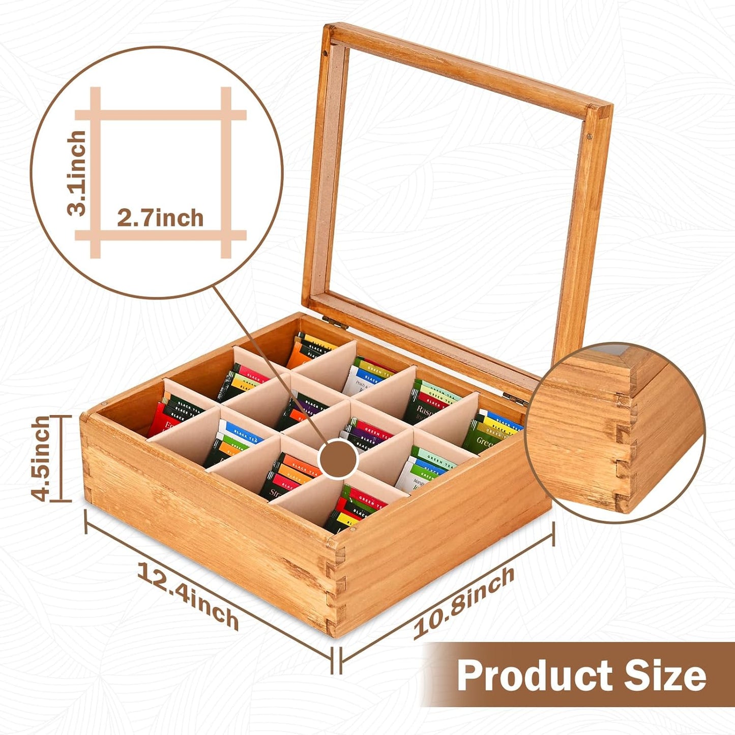 Wood Tea Box Organizer 12 Compartment Multi-Functional Storage Box with Clear Acrylic Window,Tea Bag Holder for Cabinet.