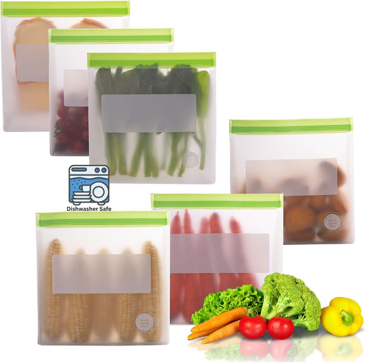 Reusable Silicone Food Storage Bags – 6-Pack Stand-Up, BPA-Free, Freezer, Dishwasher Safe & Eco-Friendly – 6 Gallon Bags – Airtight Leakproof, Organization and Storage Baggies (Multicolor (Green))