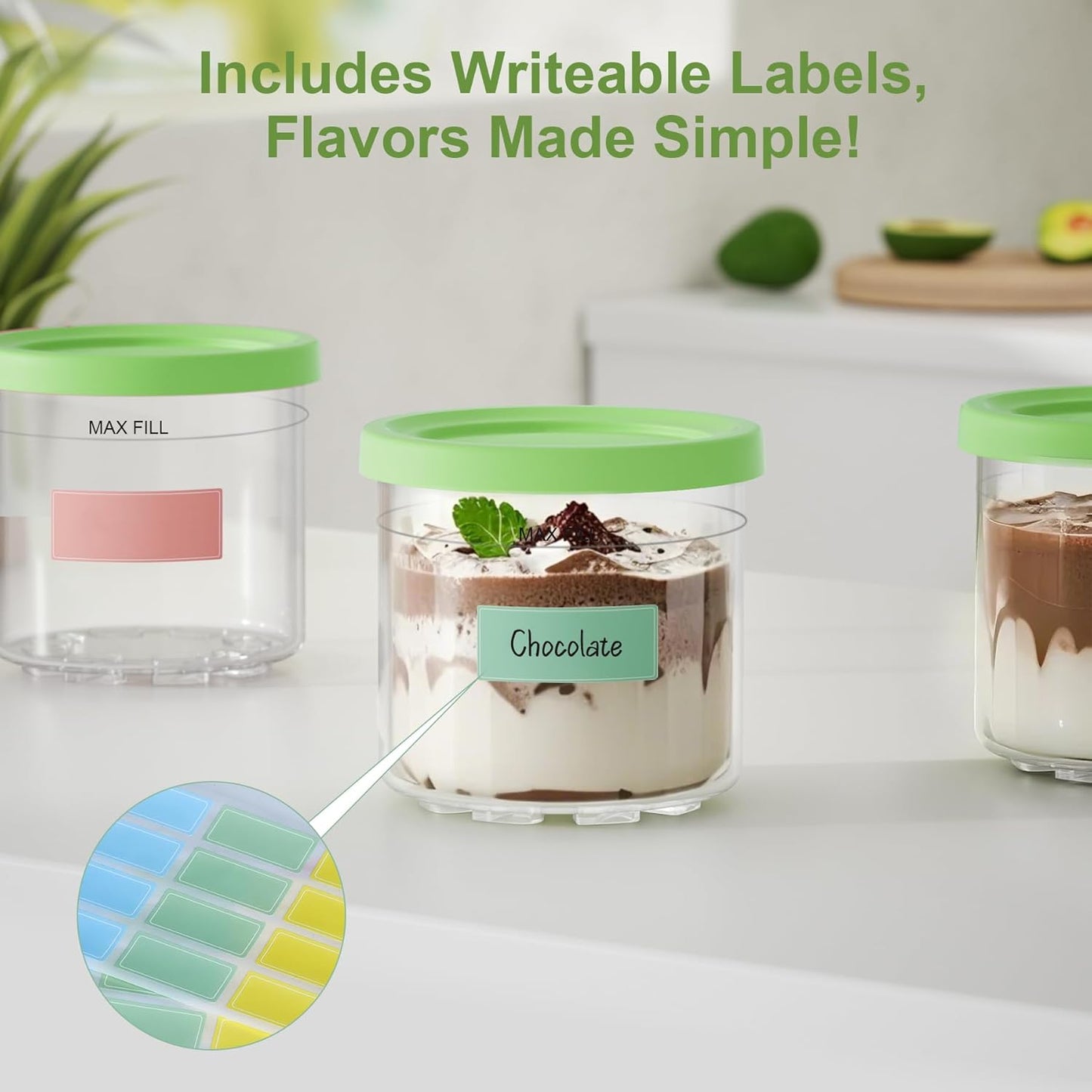 4 Pack Creami Pint Containers and Lids for Ninja with 4 spoons and writable labels, Compatible with Ninja NC299 NC300 NC301 Series Creami Maker Machine Accessories, BPA Free & Dishwasher Safe, Green