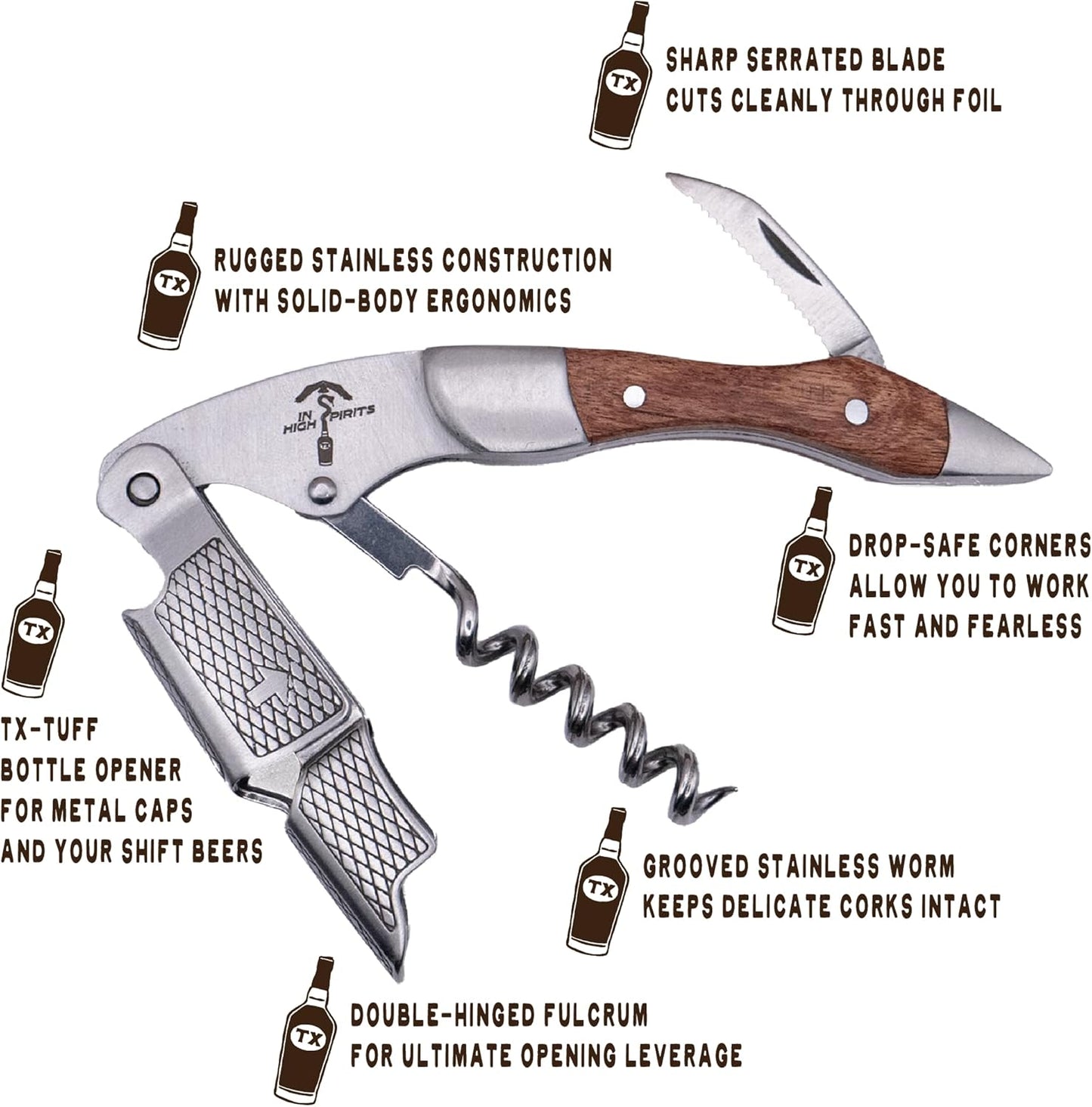 Corkscrew and Wine Key - Bottle Opener for Servers and Bartenders - Rosewood and Stainless Steel - Double Hinged - Waiters Wine Opener