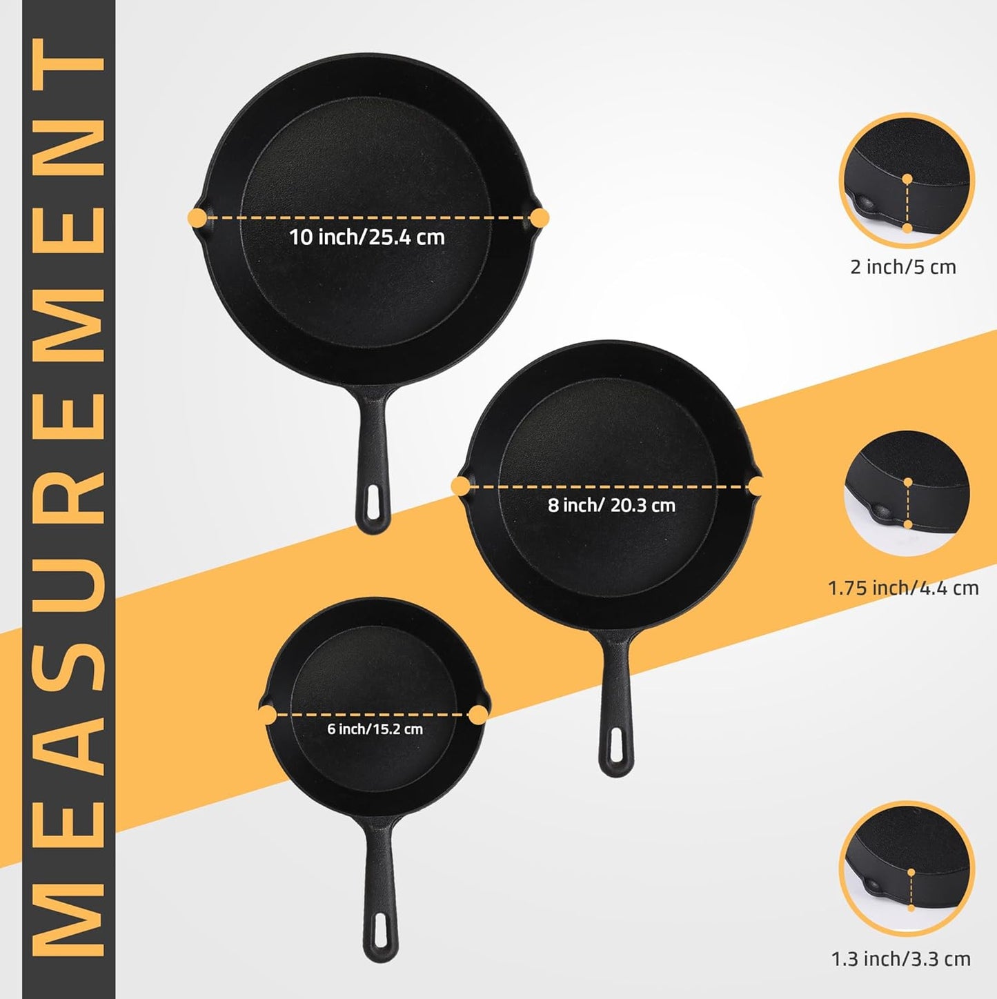 Utopia Kitchen Cast iron Skillets 3 Piece Set, Chefs Pan, Pre Seasoned Cast iron Skillets, 6, 8 & 10 Inches, Easy Use in the Oven, Stove, Grill, or Campfire, Black