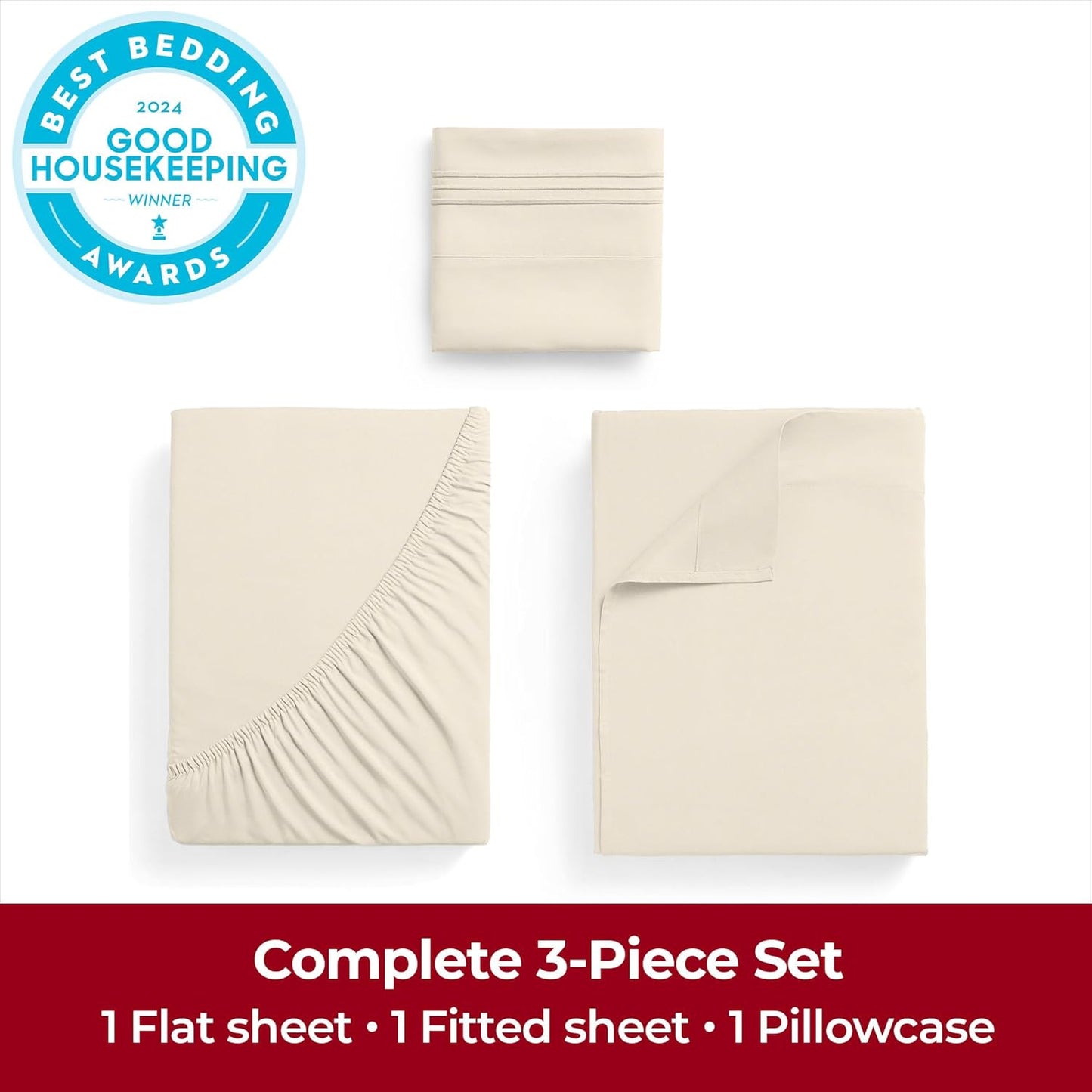 Mellanni Extra Deep Twin Sheets - 3 PC Iconic Collection Bedding - Hotel Luxury, Ultra Soft, Cooling Bed Sheets - Wrinkle, Fade, Stain Resistant (Twin, Golden Ivory)