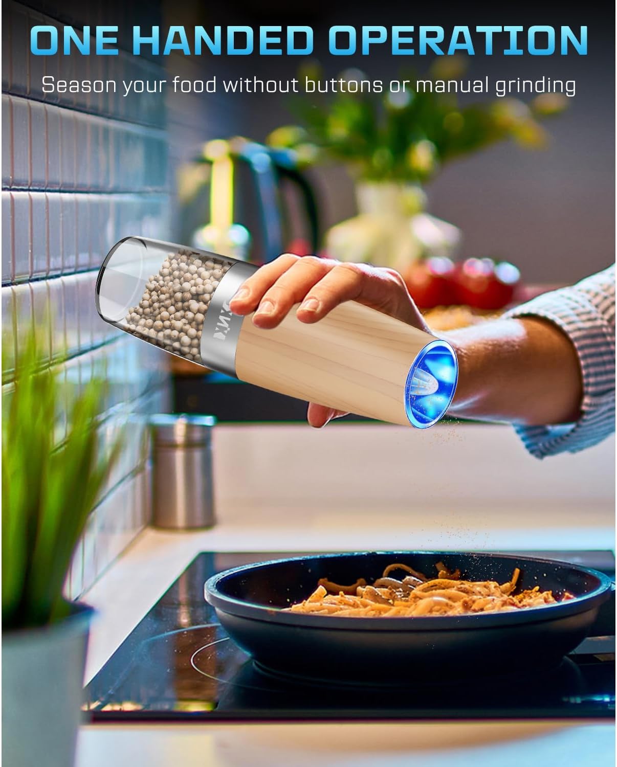 XinXu Gravity Electric Pepper and Salt Grinder Set, Automatic Mill Grinder Shaker,Battery-Operated, Adjustable Coarseness, Stainless Steel, LED Light, One Hand Operated,Wood Grain