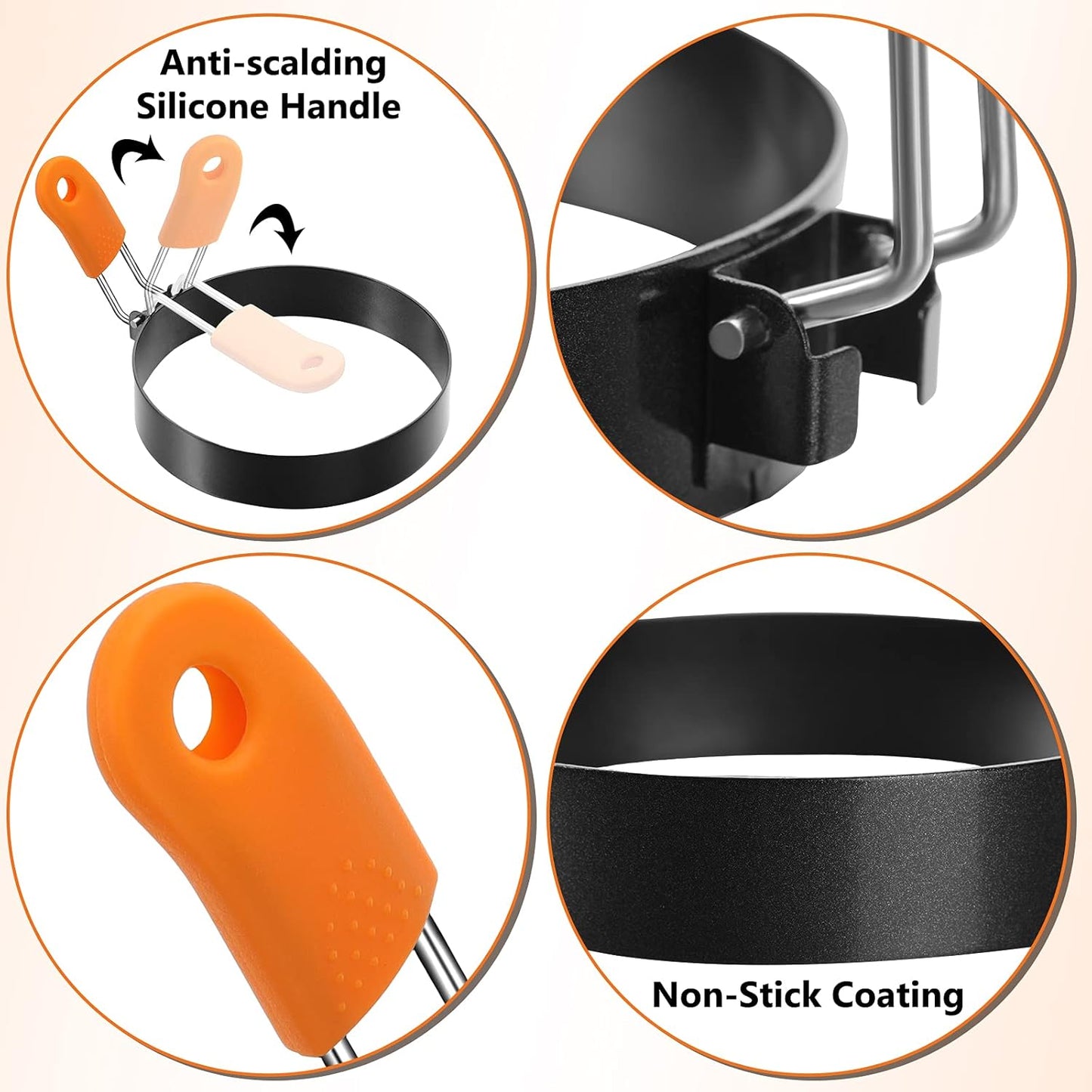 Patelai 6 Pcs Professional Egg Ring Pancake Ring Set Stainless Steel Fried Egg Molds Griddle Pancake Shapers with Orange Silicone Handle for Breakfast Omelette Sandwich(4, 6 Inch)