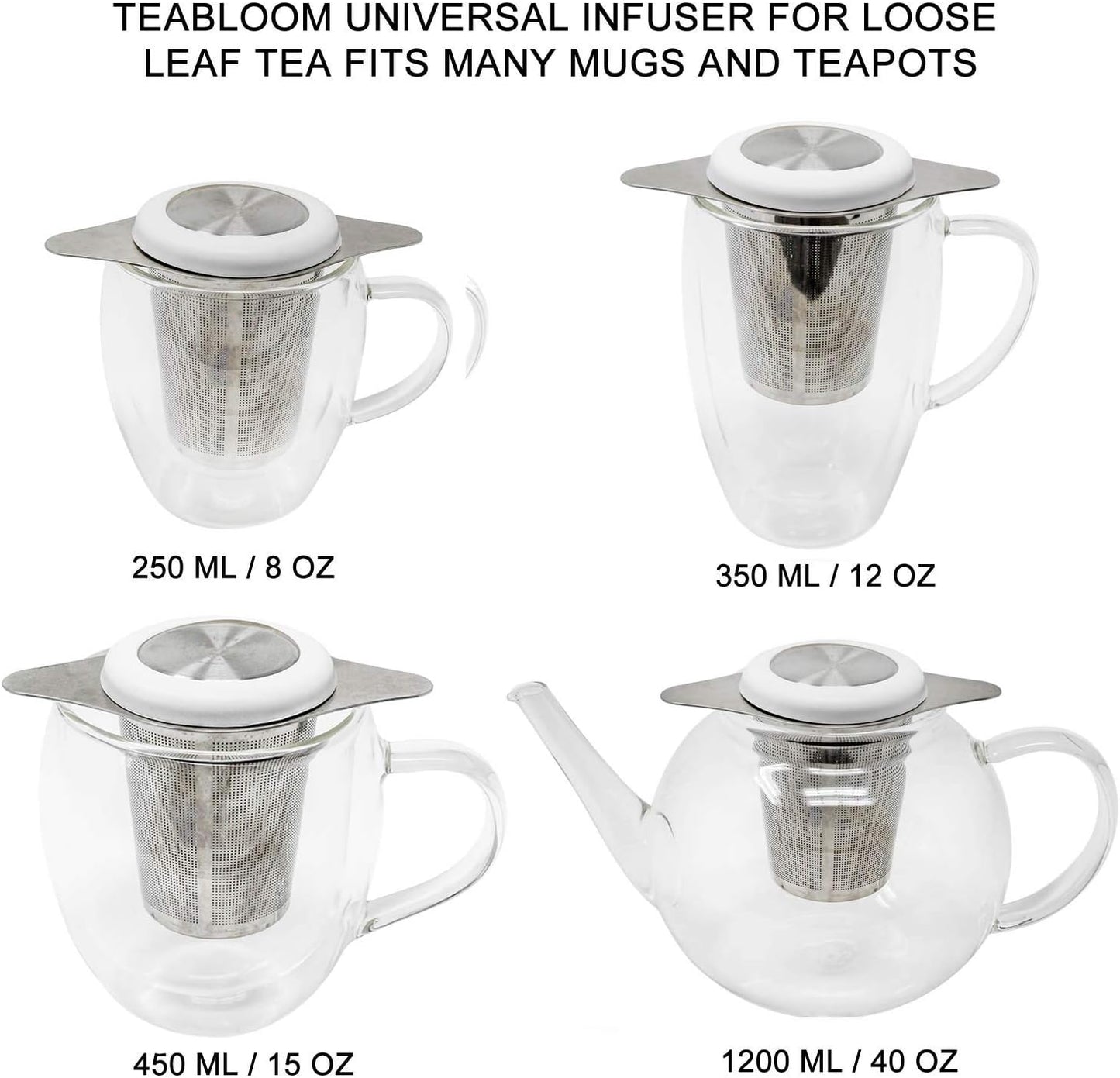 Teabloom Universal Loose Tea Infuser with Dual-Purpose Lid/Dish – Fits Cups, Mugs, Teapots – Tea Connoisseur's Choice – Steep Tea or Coffee