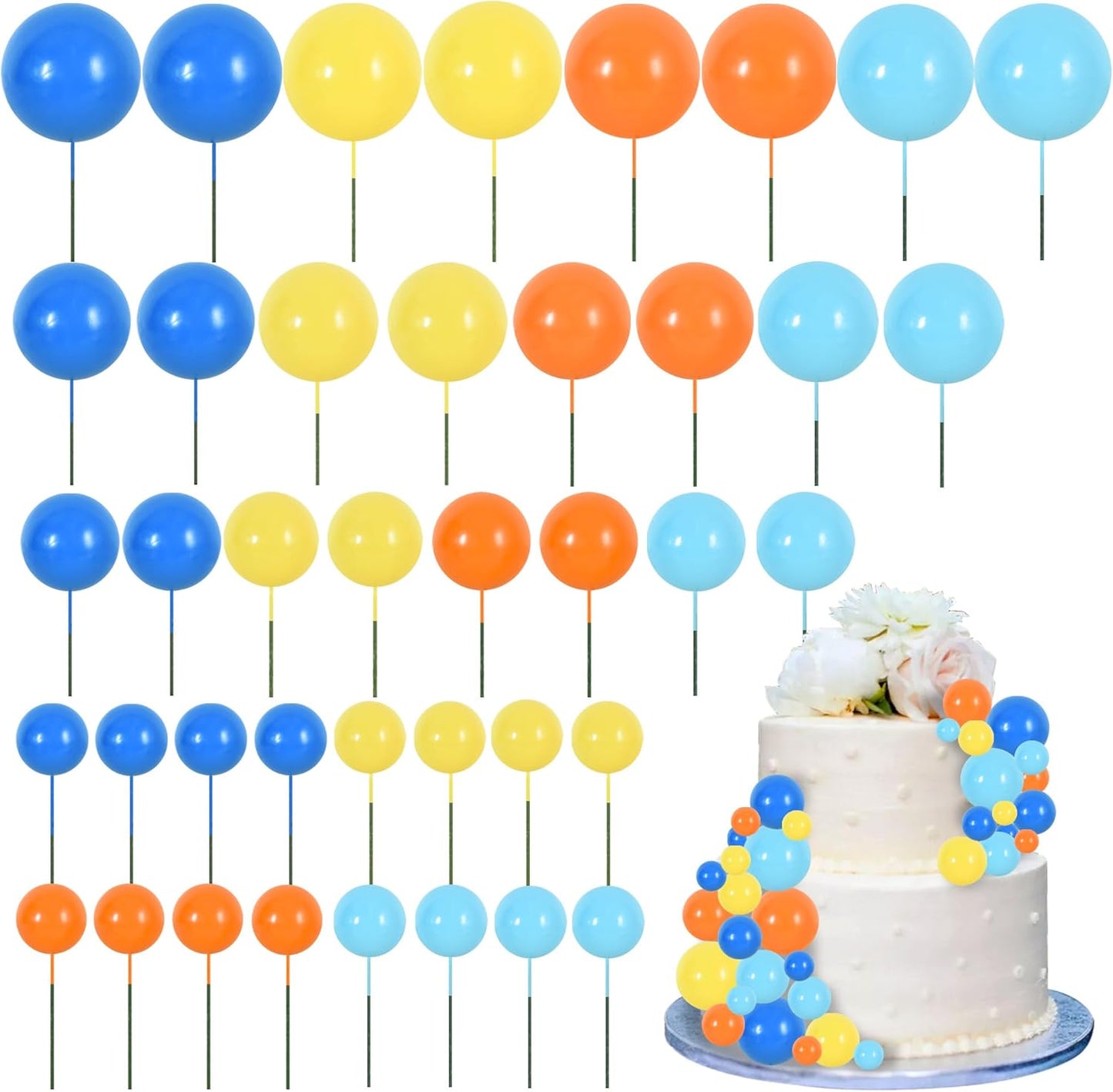 BEISHIDA 40 Pcs Foam Ball Cake Toppers with Sticks Mini Cake Decorations for Birthdays, Weddings, Baby Showers, DIY Baking Supplies, Anniversary Party (Blue，Orange，Yellow)