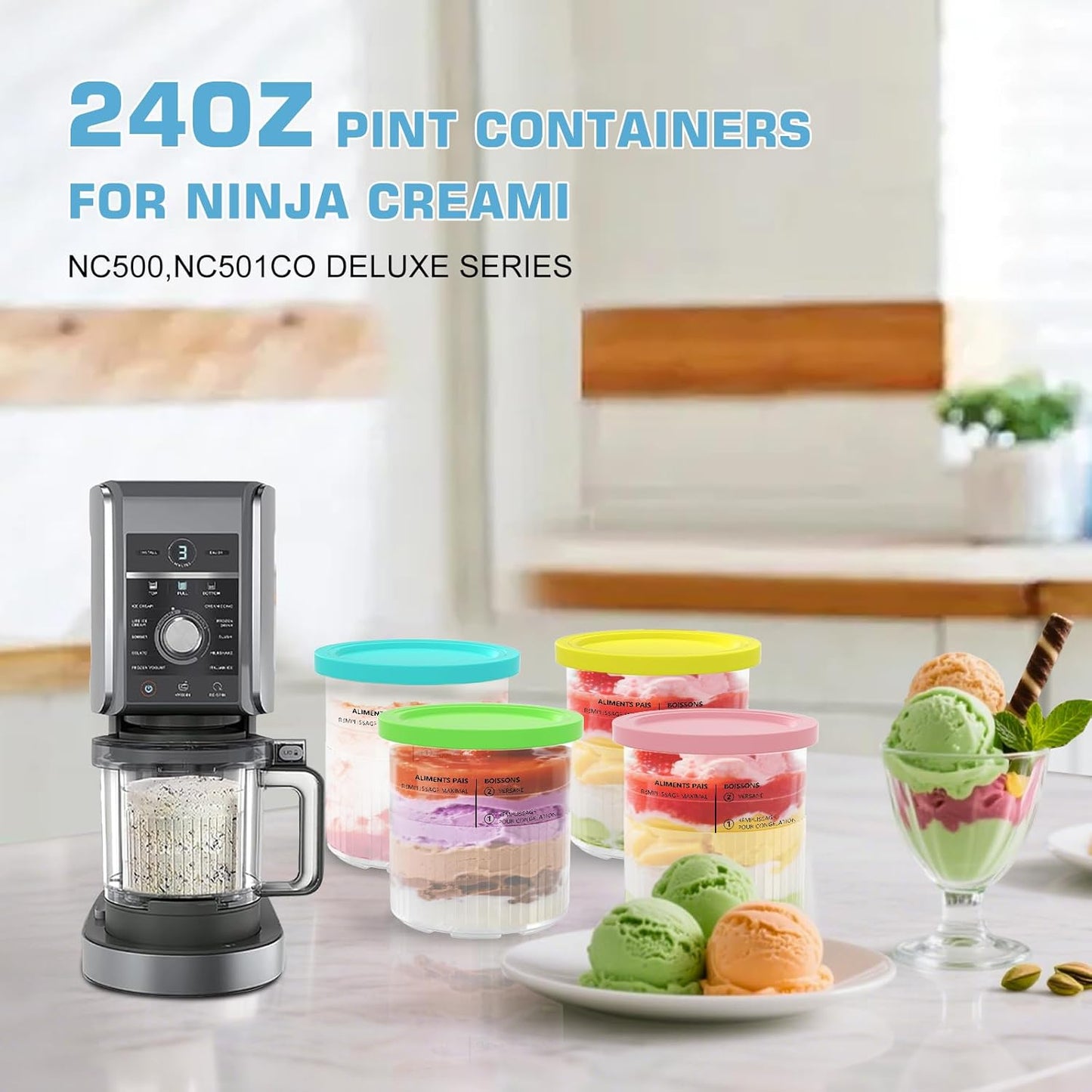 4 Pack Containers Pints and Lids for Ninja Creami Deluxe NC500,NC501CO Series Ice Cream Maker with Scoop and Spoons- Dishwasher Safe, Leak Proof