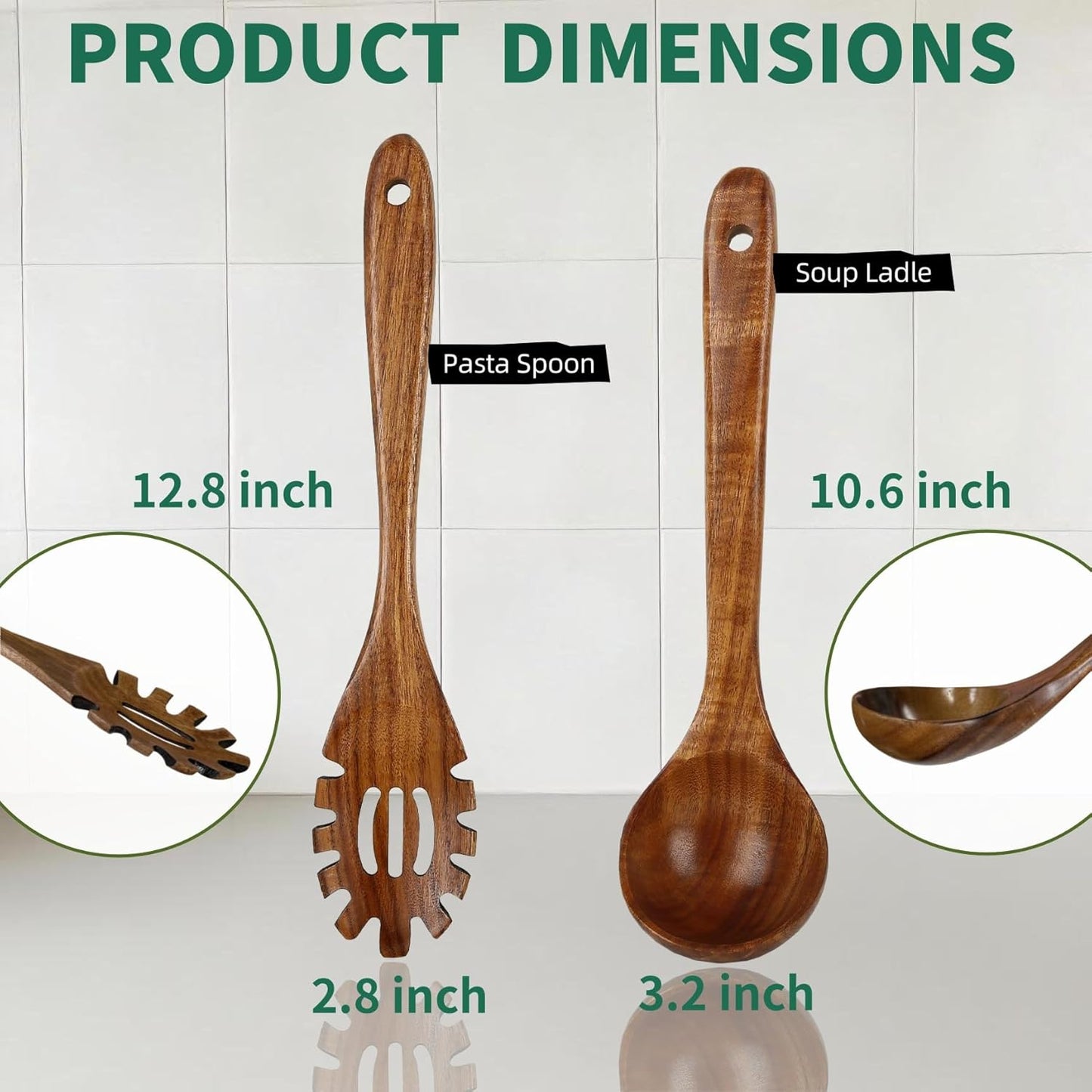 Wooden Spoons for Cooking, 2Pcs Wooden Kitchen Utensils, Wooden Pasta Fork and Ladle for Spaghetti, Nostick Teak Wood Utensil Set for Cooking (Ladle & Spaghetti Server)