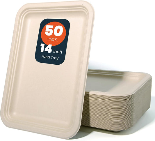 50 Pack 14-Inch Heavy-Duty Compostable Food Trays | Extra Large Disposable Platters for BBQ, Seafood Boils, Catering & Holidays | Eco-Friendly Paper Serving Trays