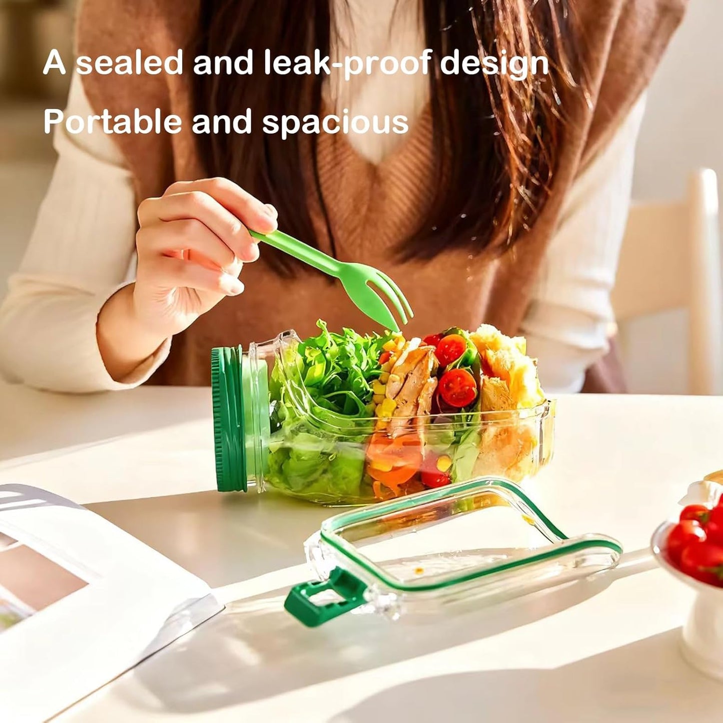 Durable Portable Salad Jar with Side Opening & Leakproof Dressing Compartment - Perfect for Lunch, Meal Prep, Travel, Office, and Outdoor Use - Reusable Salad Container