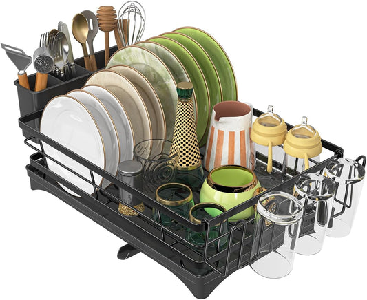 Dish Rack, Dish Drainers Organizer for Kitchen Counter, Dish Drying Rack with Drainboard and Utensil Holder, Large, 12" D x 15" W x 5" H, Black