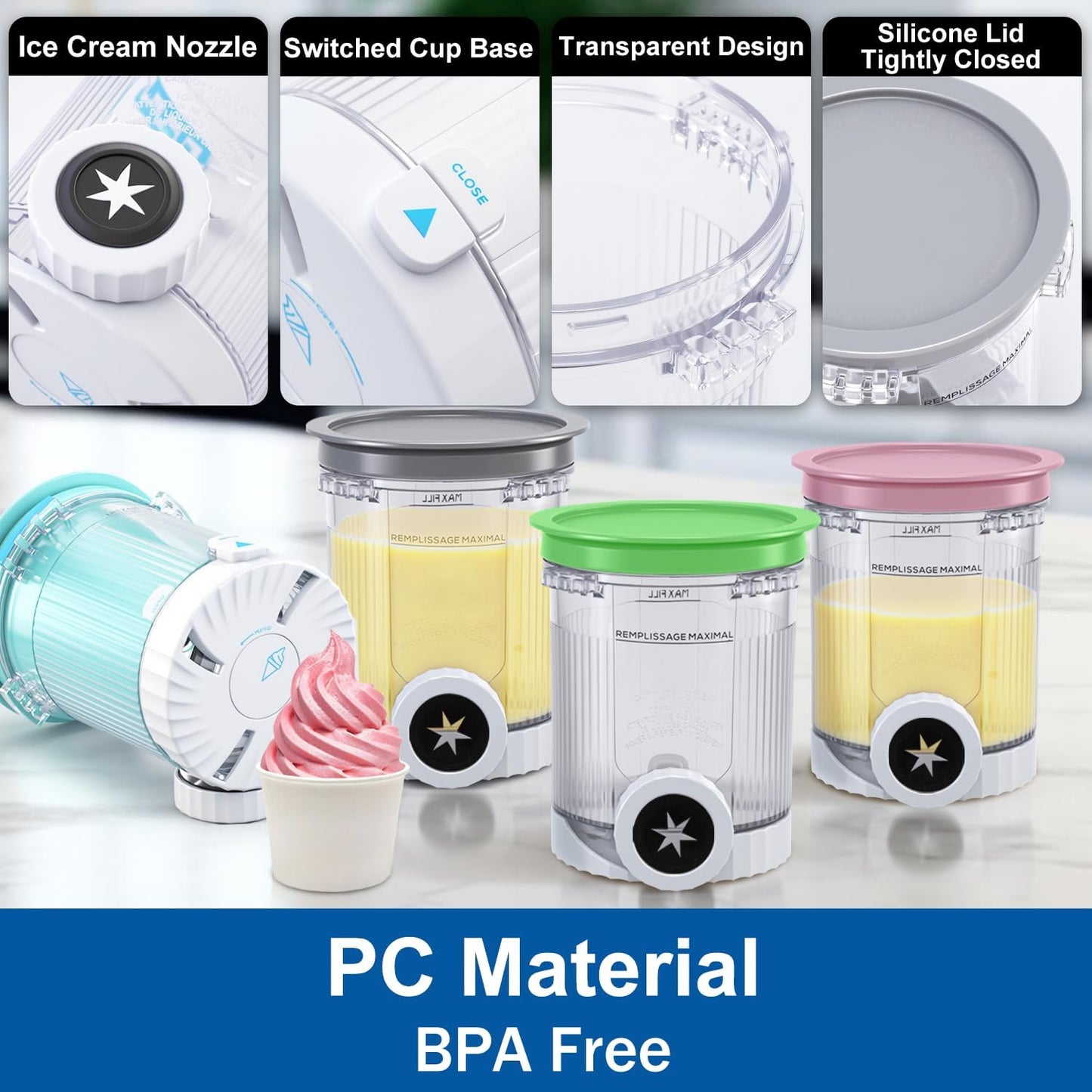 Creami Pints and Lids for Ninja Swirl, 4 pack Creamy Icecream Containers Cups Jars Tubs Canisters Smoothie Pot Compatible with NC700 Series Creamer Ice Cream Cones Machine Soft Serve Maker Accessories