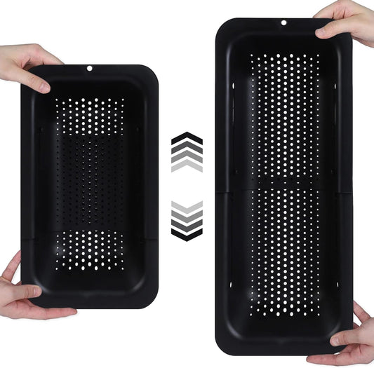 BLUE GINKGO Over the Sink Colander Strainer Basket - Wash Vegetables and Fruits, Drain Cooked Pasta and Dry Dishes - Extendable - New Home Kitchen Essentials - Black