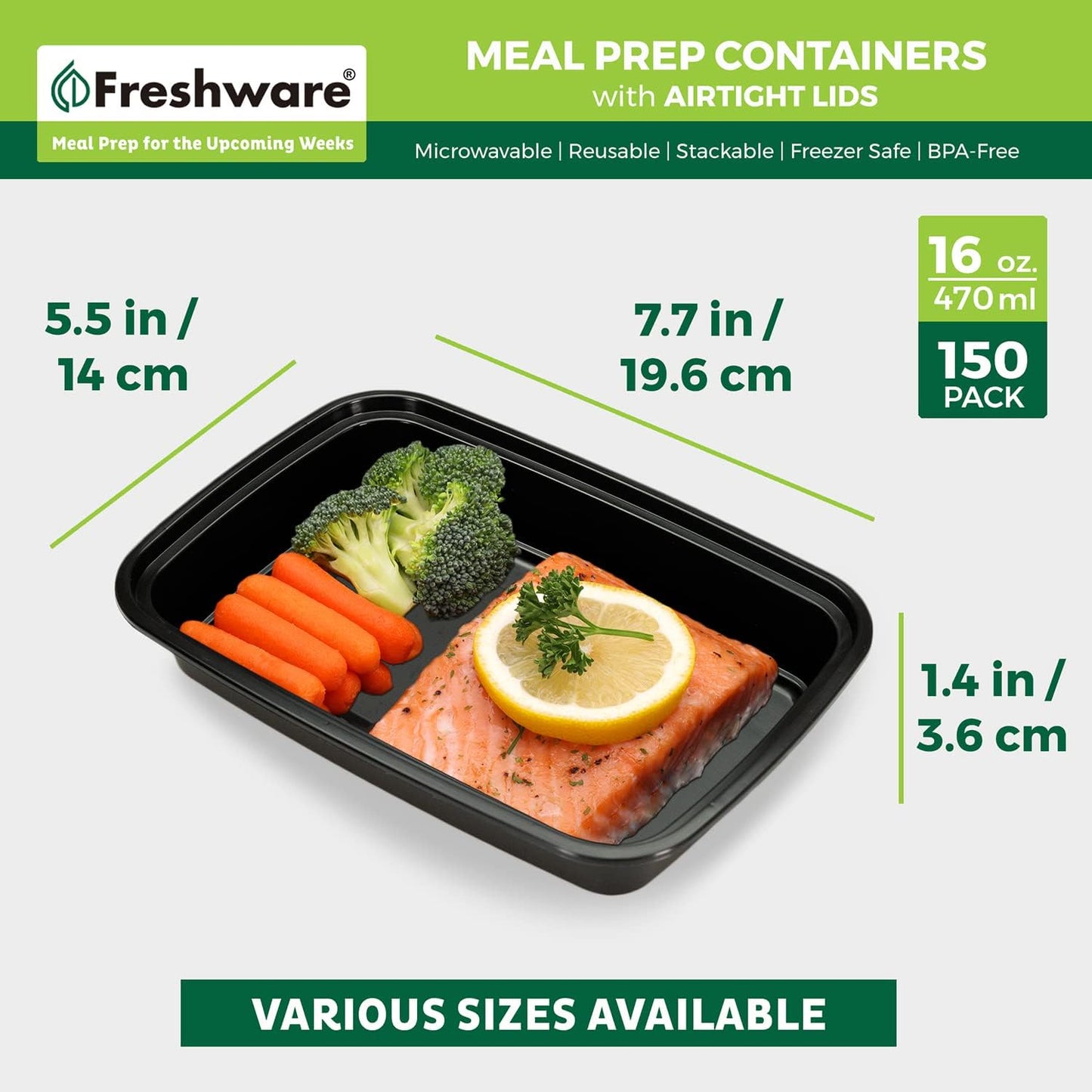 Freshware Meal Prep Containers [150 Pack] 1 Compartment with Lids, Food Storage Containers, Bento Box, BPA Free, Stackable, Microwave/Dishwasher/Freezer Safe (16 oz),Black