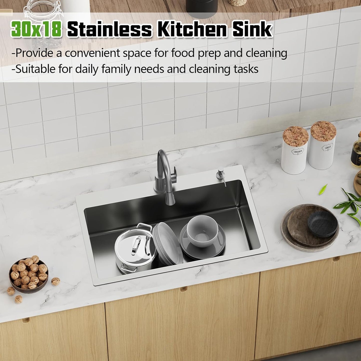 30x18 In Drop Inch Kitchen Sink-Stainless Steel Topmount Modern Single Bowl Kitchen Sink Come With Silicon Mat, Drain Strainer Set Offer Large Basin And Compatibility With Various Kitchen&Bar Style