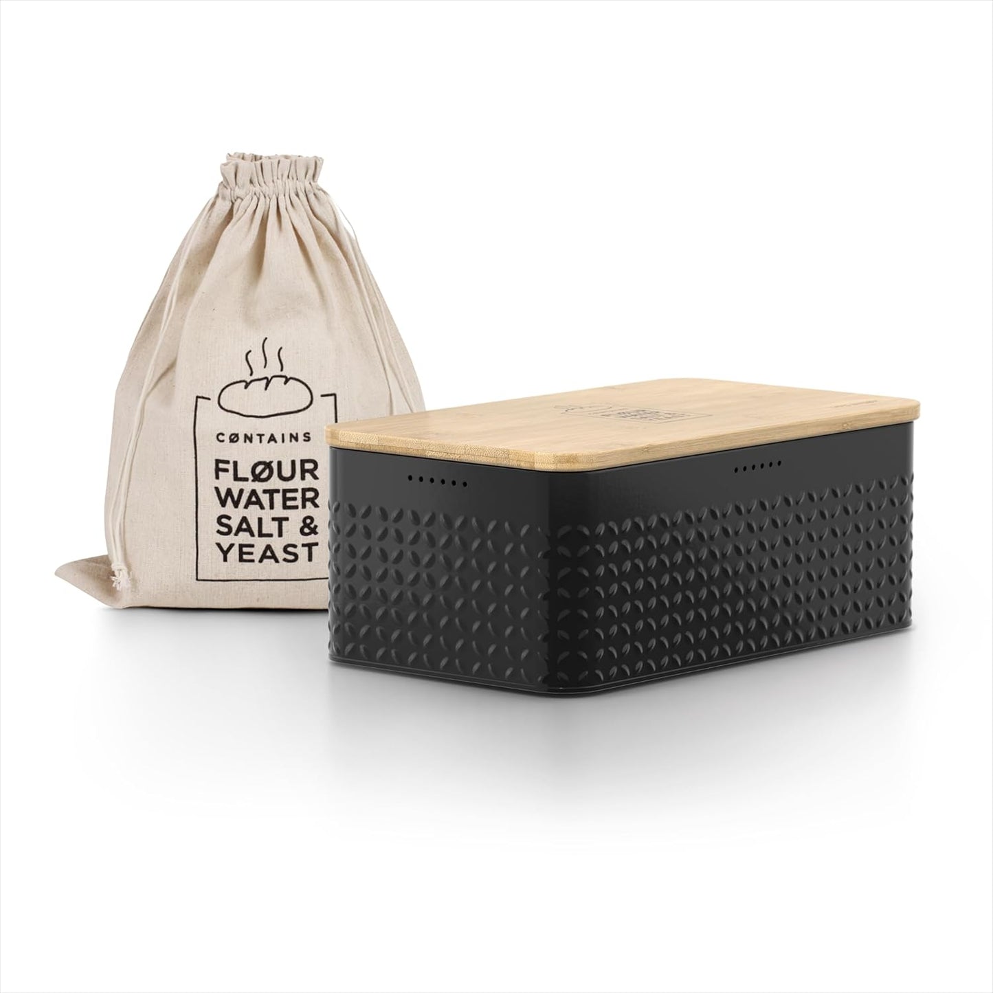LARS NYSØM Bread Box I Metal Box with linen bag for long lasting freshness I Bread Bin with bamboo lid usable as cutting board I 13.4x7.3x5.3In (Carbon Black)