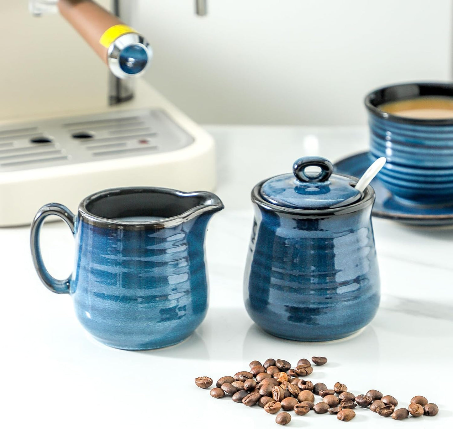 Glowworm Porcelain Sugar and Creamer Set, 11 Ounce Sugar Container, 10 Ounce Cream Pitcher, Farmhouse Coffee Sets for Serving, Dishwasher Safe, Blue